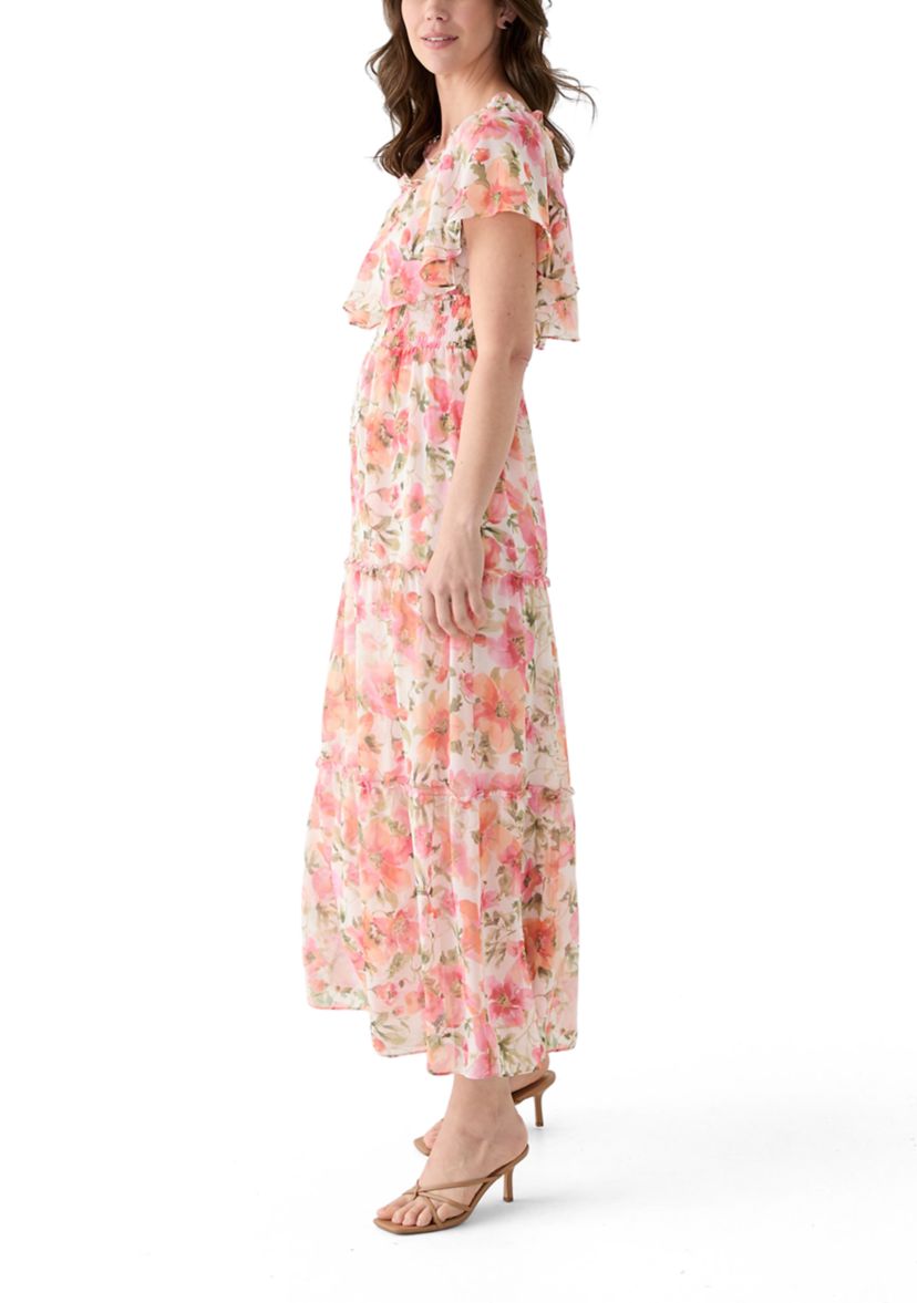 Womens Short Sleeve Crew Neck Floral Print Dress
