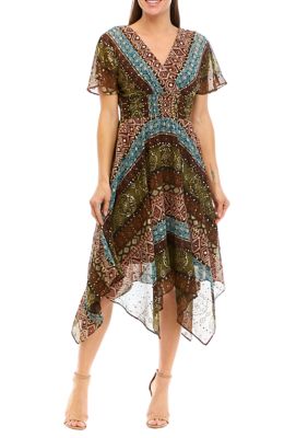 Chris McLaughlin Women's Flutter Sleeve V-Neck Hanky Hem Printed Dress ...