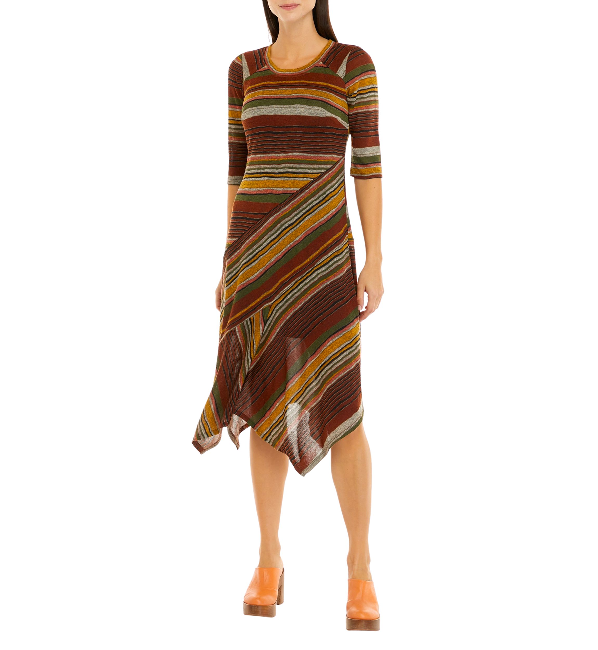 Womens 3/4 Sleeve Asymmetrical Hem Midi Fit & Flare Cozy Dress