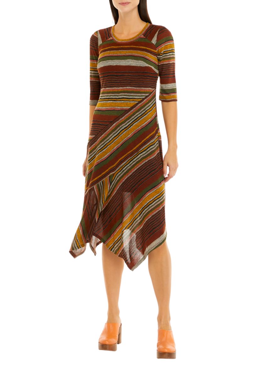 Womens 3/4 Sleeve Asymmetrical Hem Midi Fit & Flare Cozy Dress