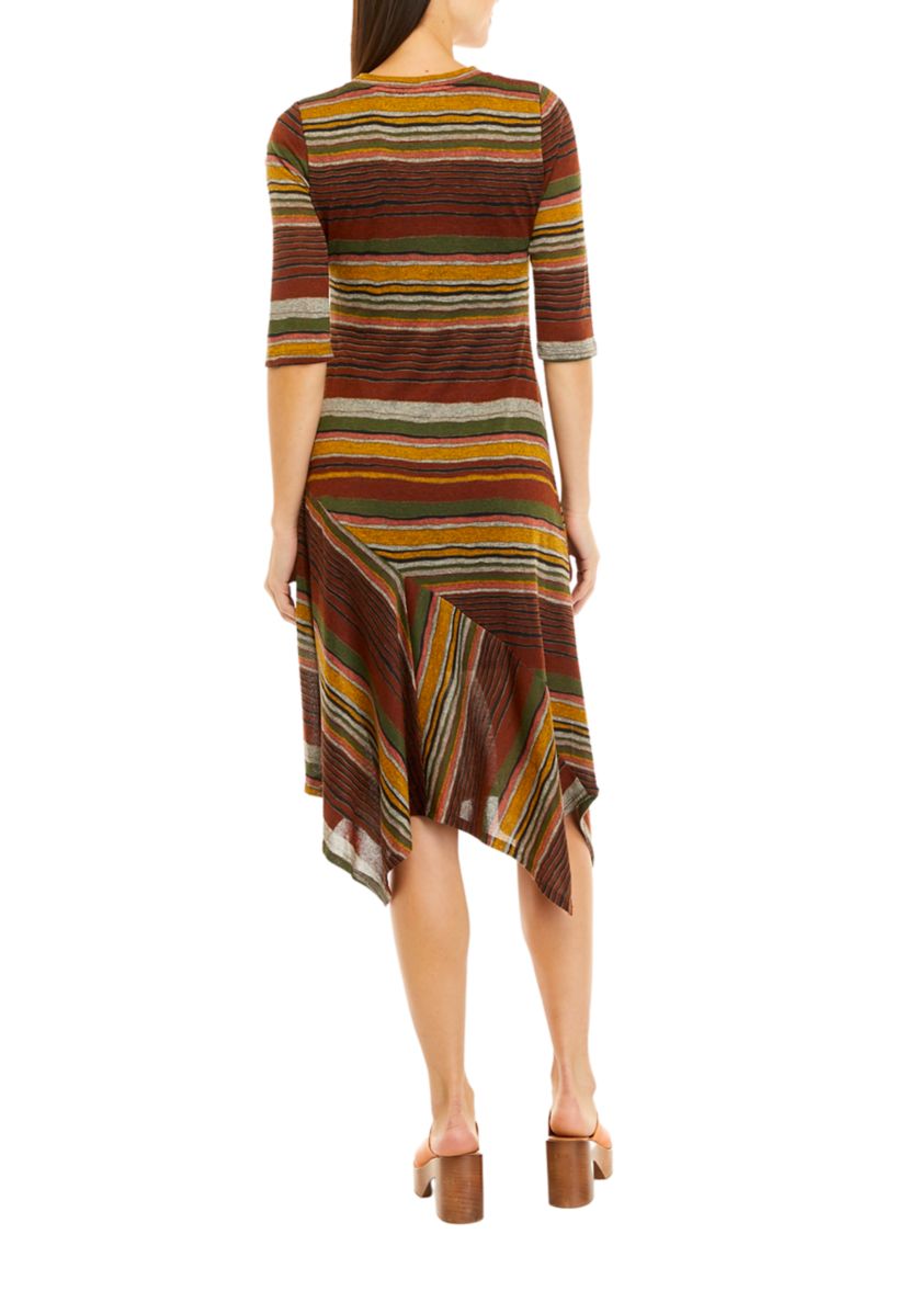 Womens 3/4 Sleeve Asymmetrical Hem Midi Fit & Flare Cozy Dress