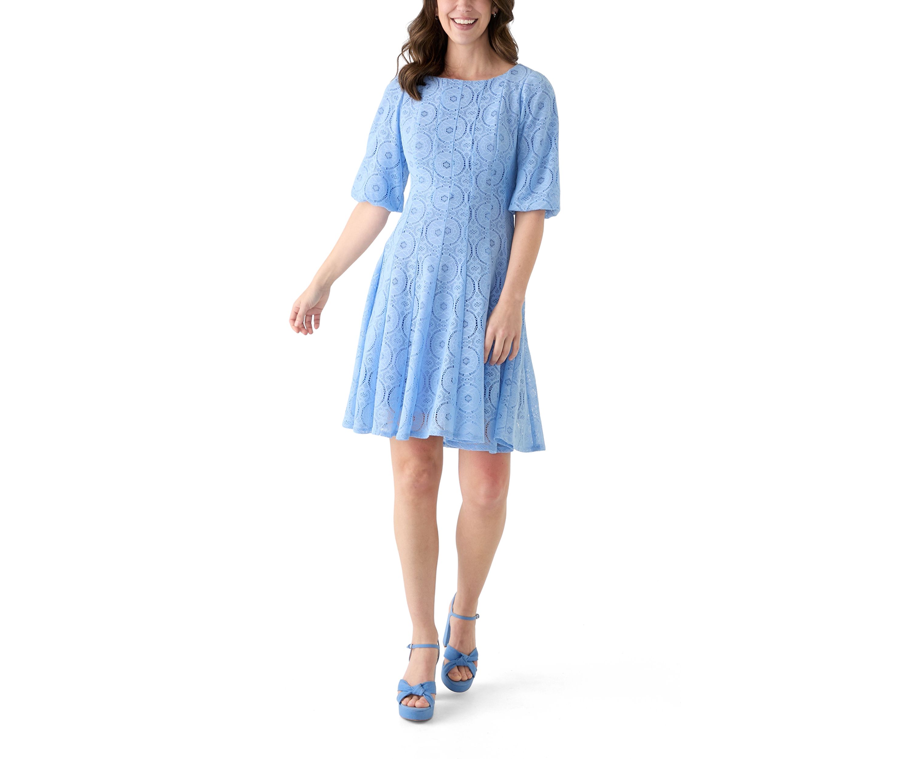 Womens Elbow Sleeve Crew Neck Solid Lace A-Line Dress