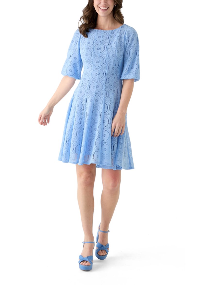 Womens Elbow Sleeve Crew Neck Solid Lace A-Line Dress