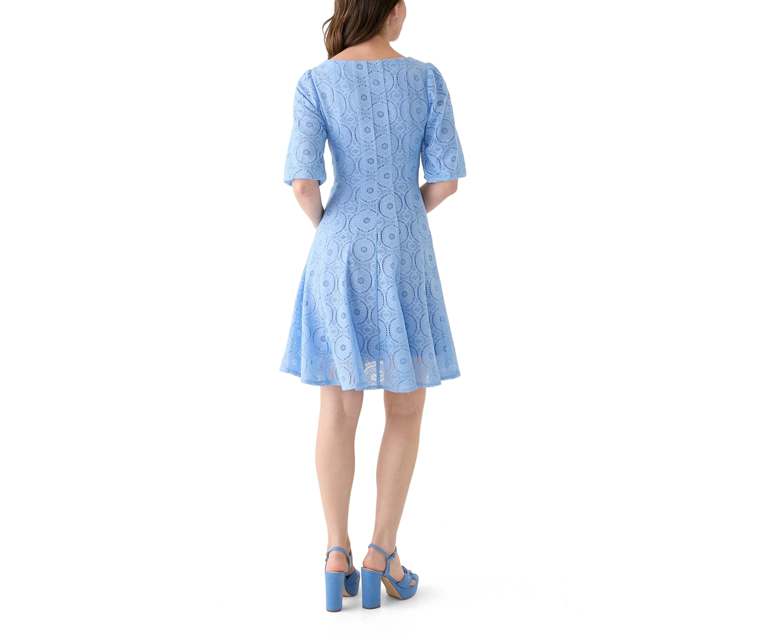 Womens Elbow Sleeve Crew Neck Solid Lace A-Line Dress
