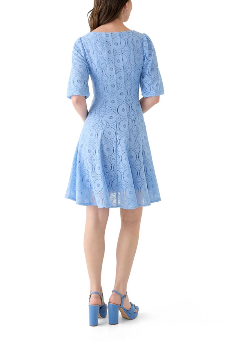 Womens Elbow Sleeve Crew Neck Solid Lace A-Line Dress