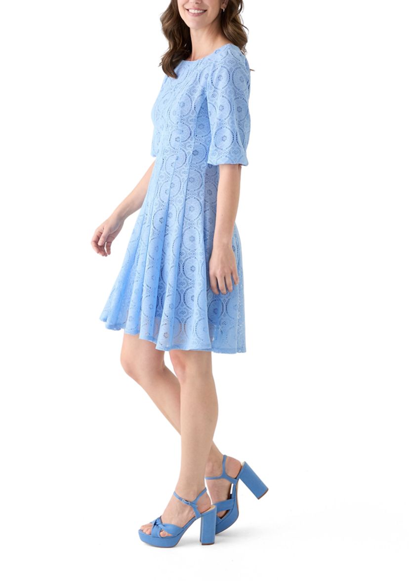 Womens Elbow Sleeve Crew Neck Solid Lace A-Line Dress