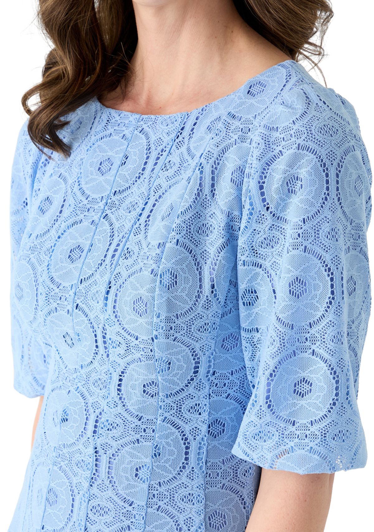 Womens Elbow Sleeve Crew Neck Solid Lace A-Line Dress