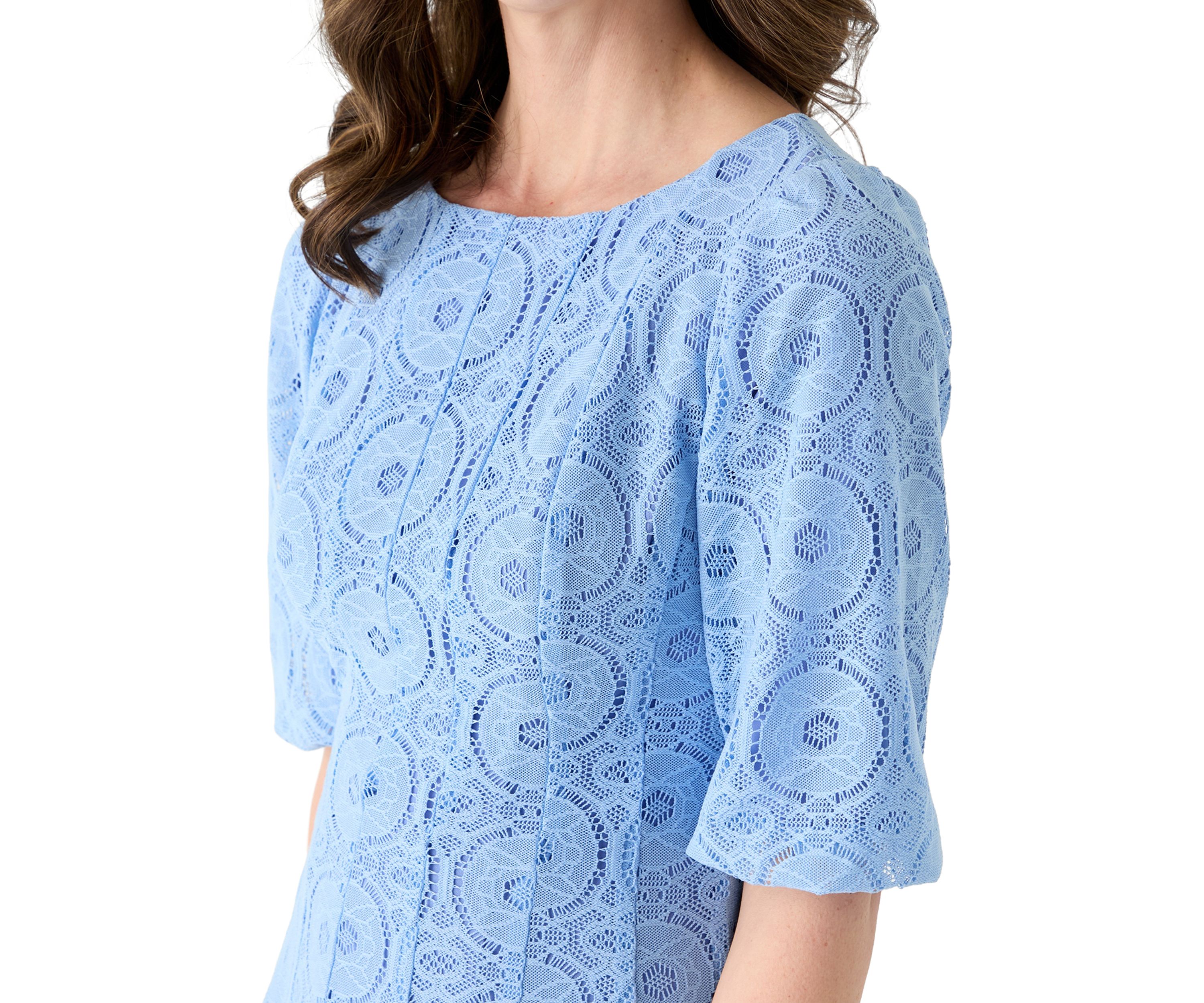 Womens Elbow Sleeve Crew Neck Solid Lace A-Line Dress