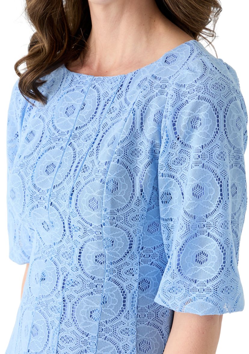 Womens Elbow Sleeve Crew Neck Solid Lace A-Line Dress