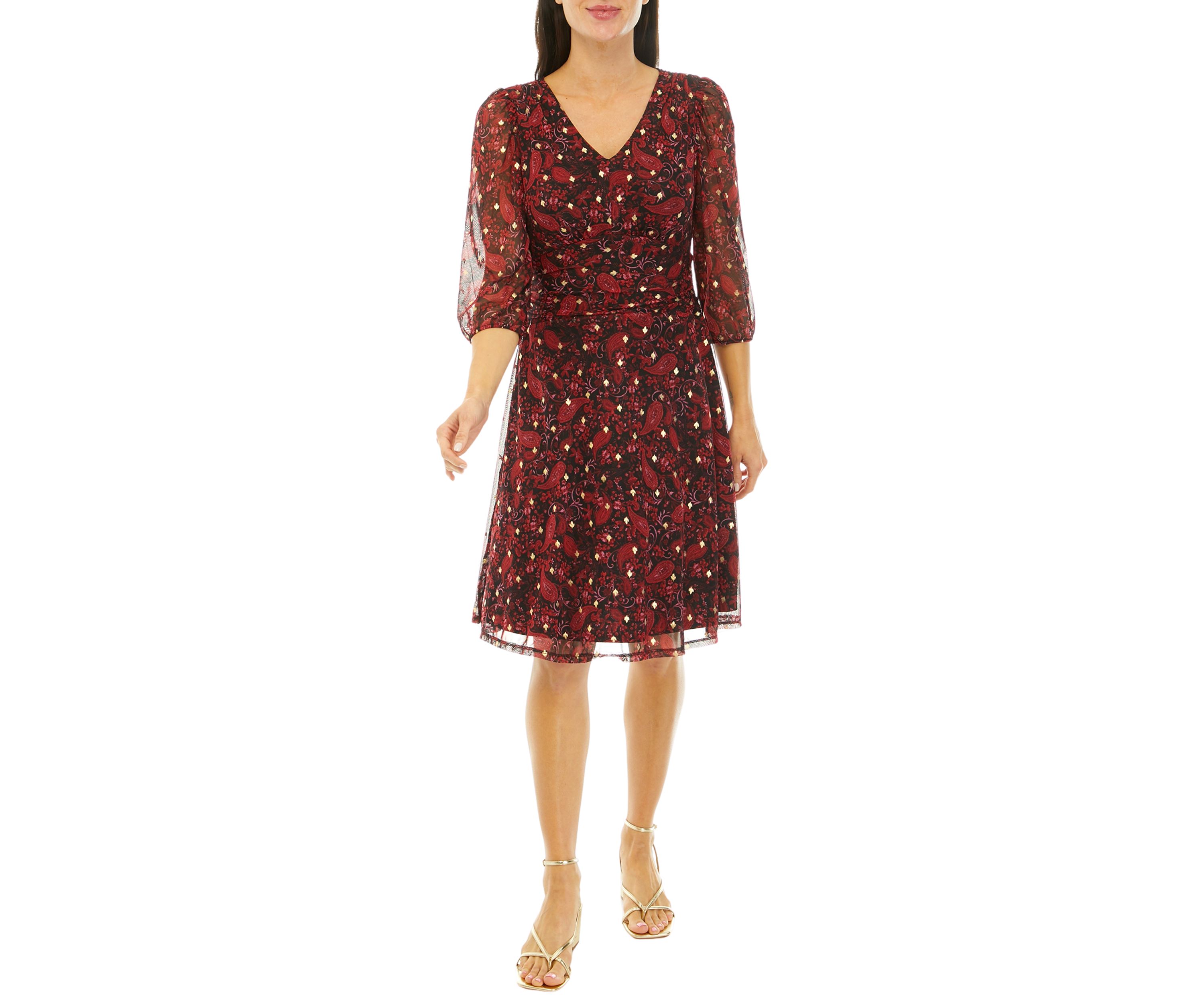 Womens 3/4 Sleeve Mesh Foil Print Fit and Flare Dress