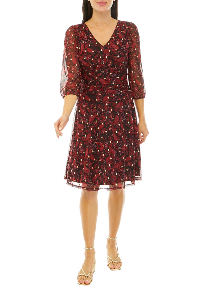 Womens 3/4 Sleeve Mesh Foil Print Fit and Flare Dress