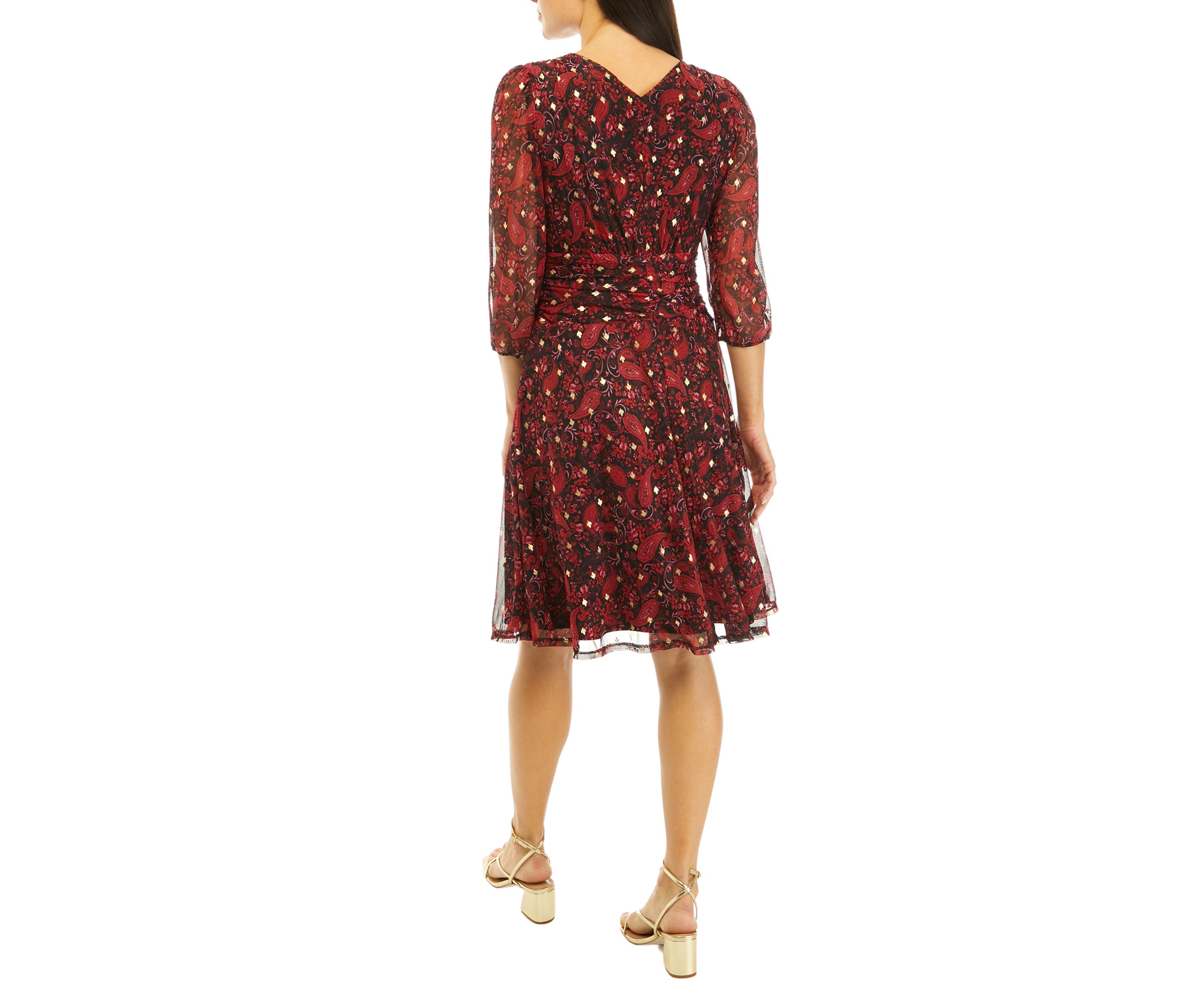 Womens 3/4 Sleeve Mesh Foil Print Fit and Flare Dress