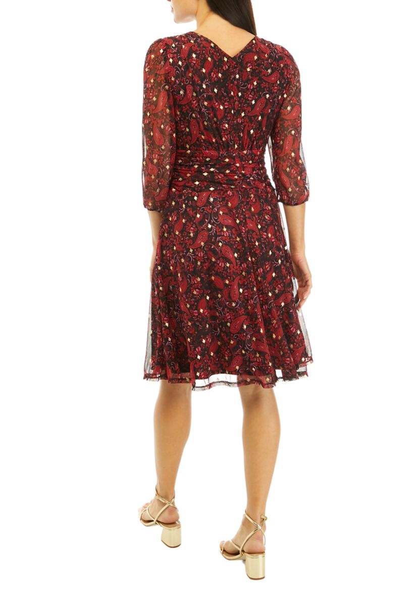Womens 3/4 Sleeve Mesh Foil Print Fit and Flare Dress
