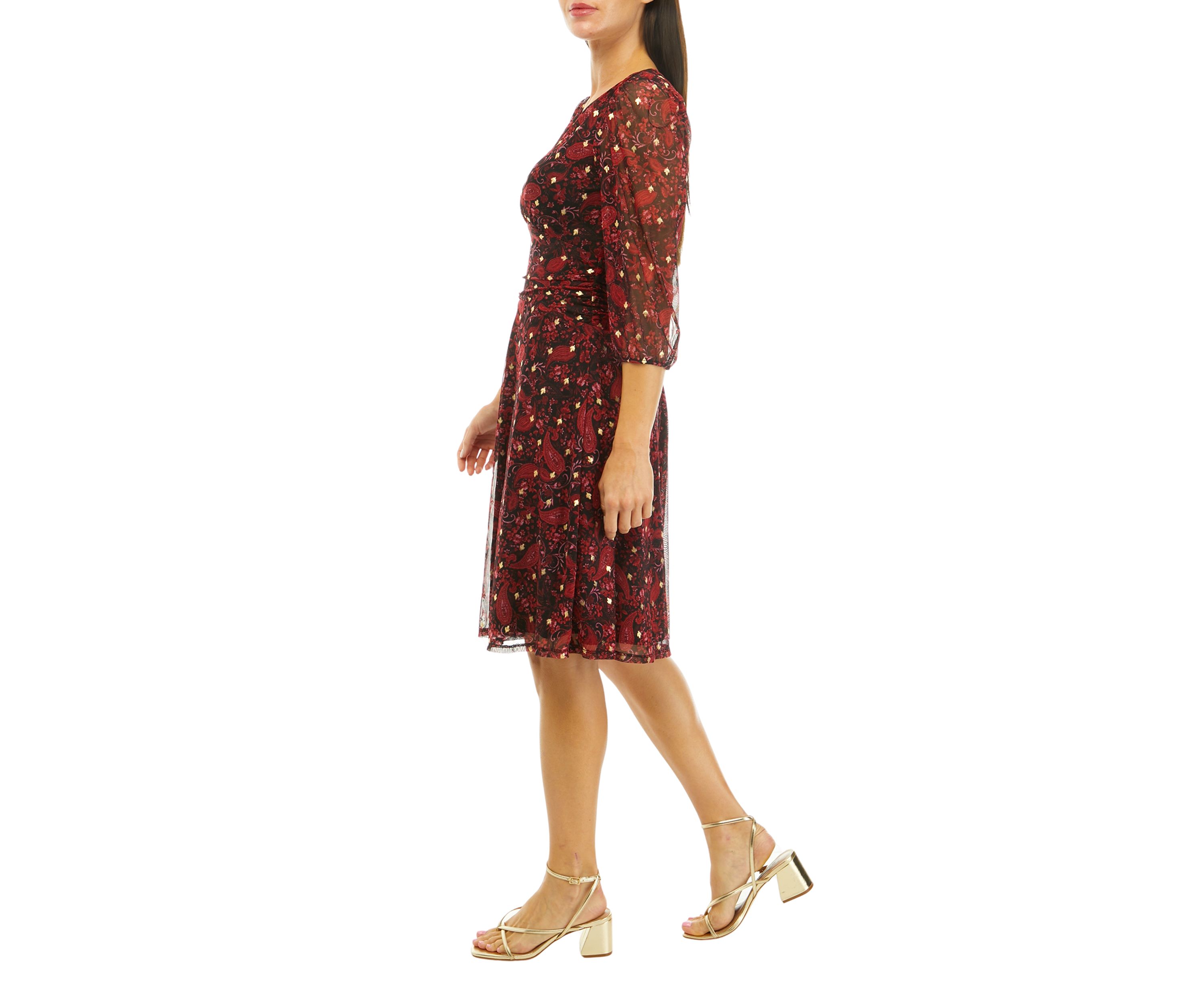Womens 3/4 Sleeve Mesh Foil Print Fit and Flare Dress