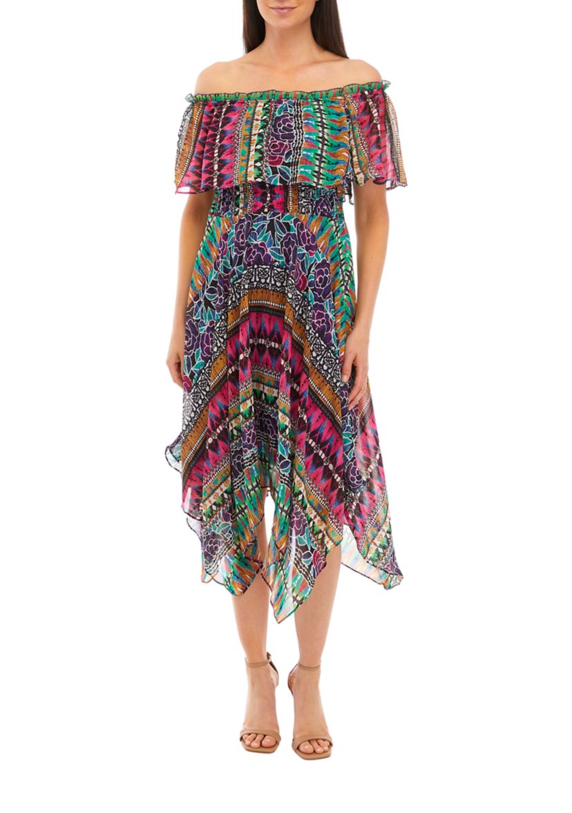 Womens Off the Shoulder Aztec Printed Chiffon Midi Dress with Hank Hem
