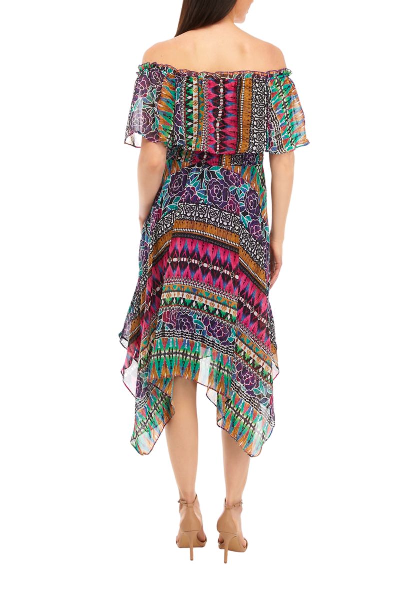 Womens Off the Shoulder Aztec Printed Chiffon Midi Dress with Hank Hem