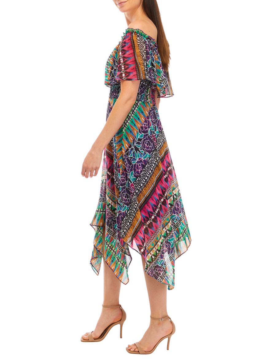 Womens Off the Shoulder Aztec Printed Chiffon Midi Dress with Hank Hem