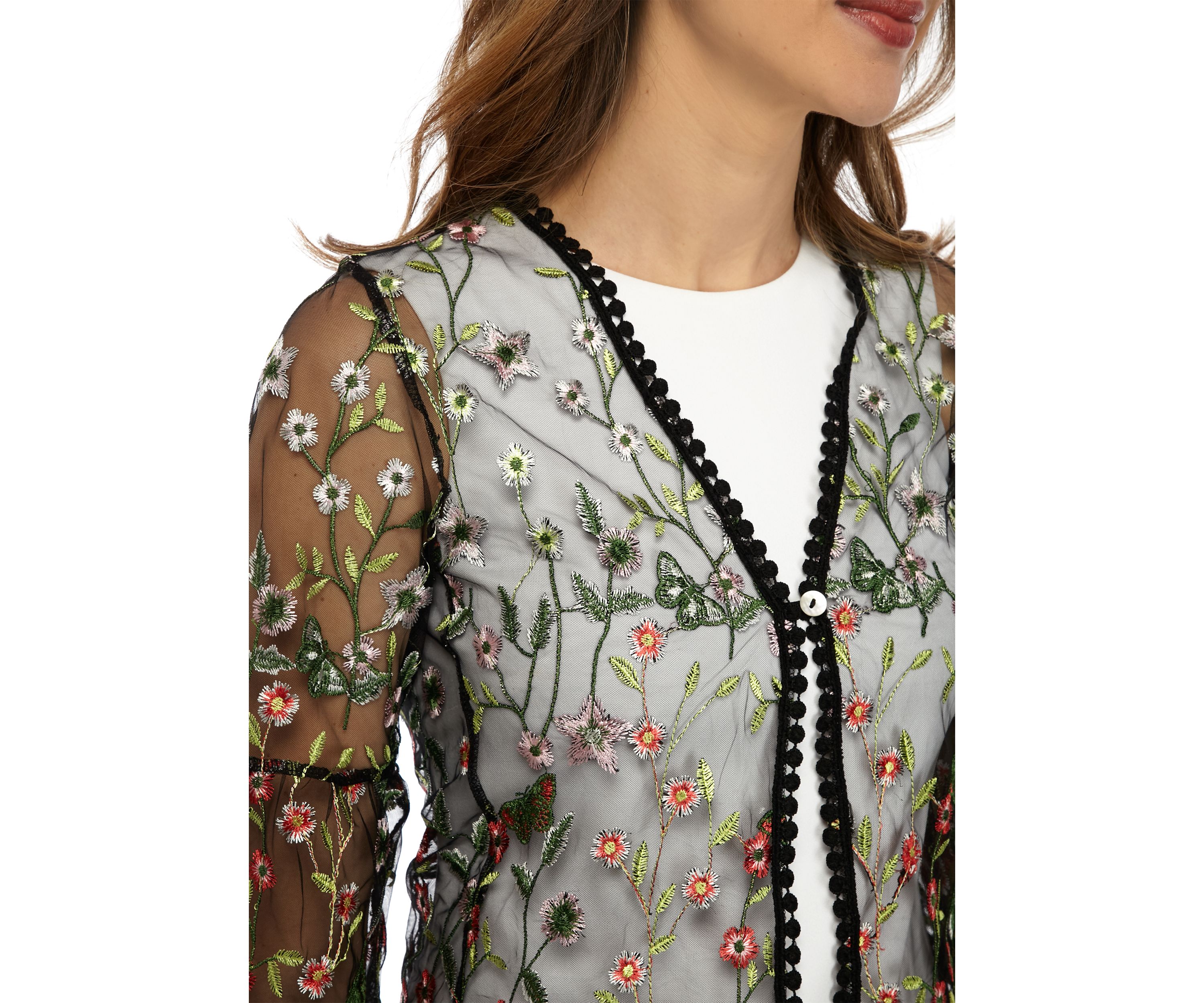 Womens One Button Mesh Floral Topper