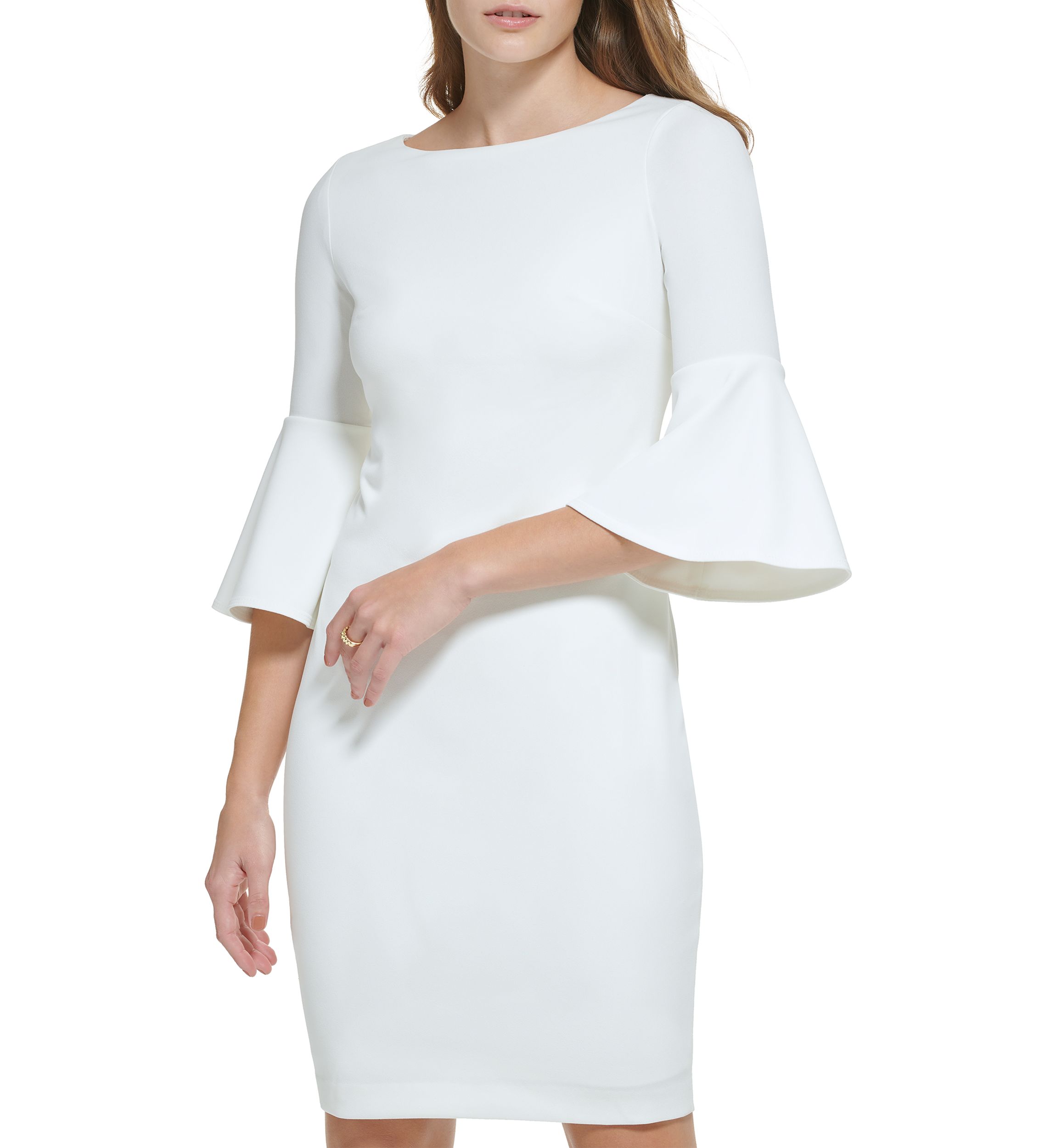 Womens 3/4 Boat Neck Bell Sleeve Scuba Sheath Dress