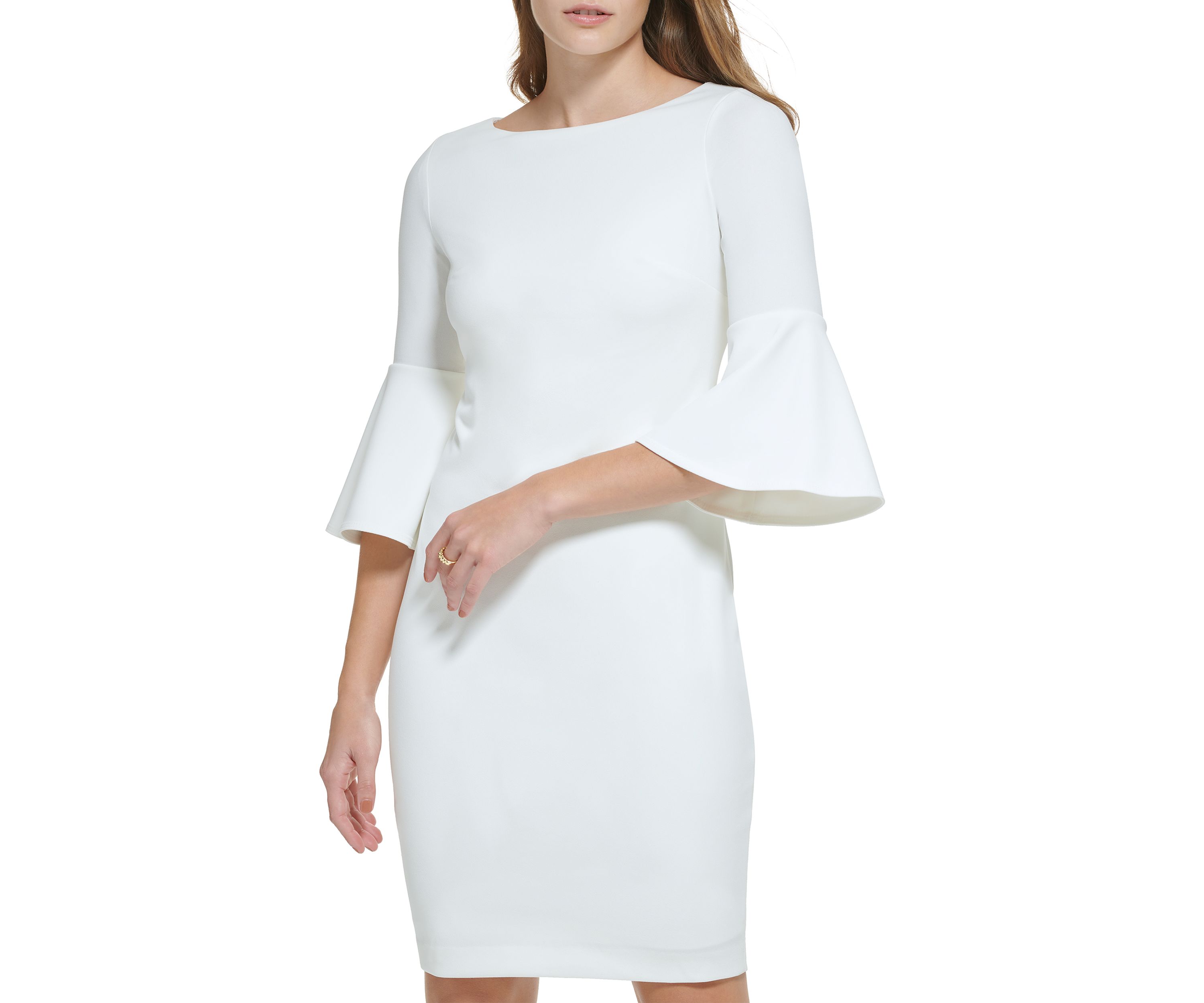 Womens 3/4 Boat Neck Bell Sleeve Scuba Sheath Dress