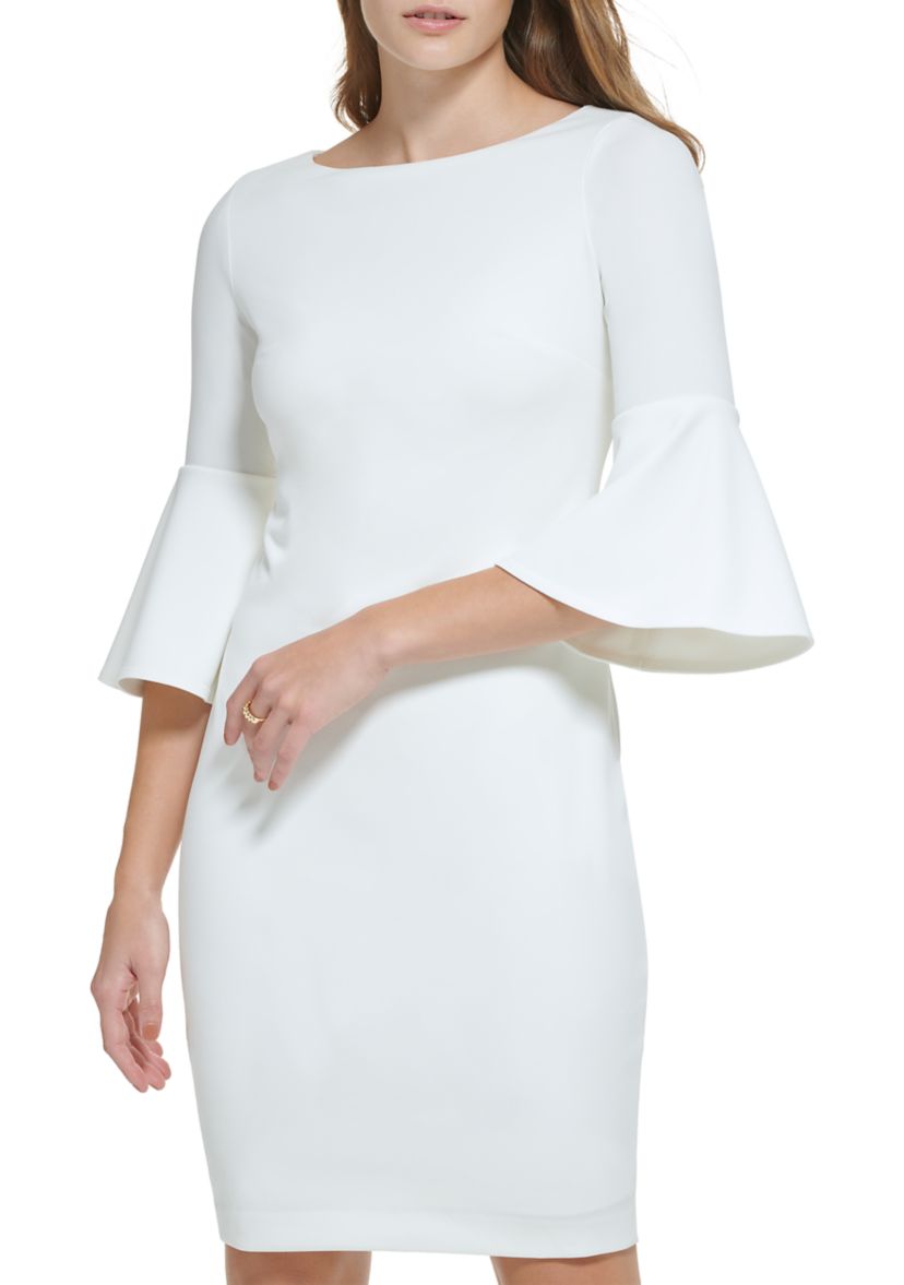 Womens 3/4 Boat Neck Bell Sleeve Scuba Sheath Dress