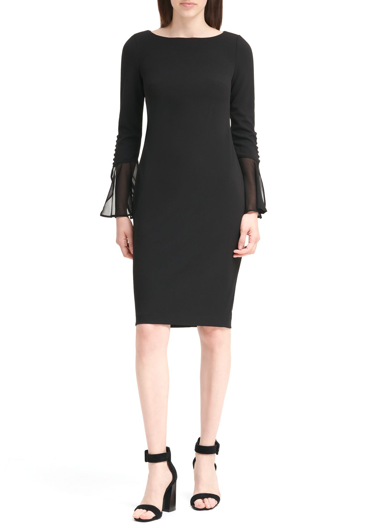 Womens Long Flutter Sleeve Solid Shift Dress