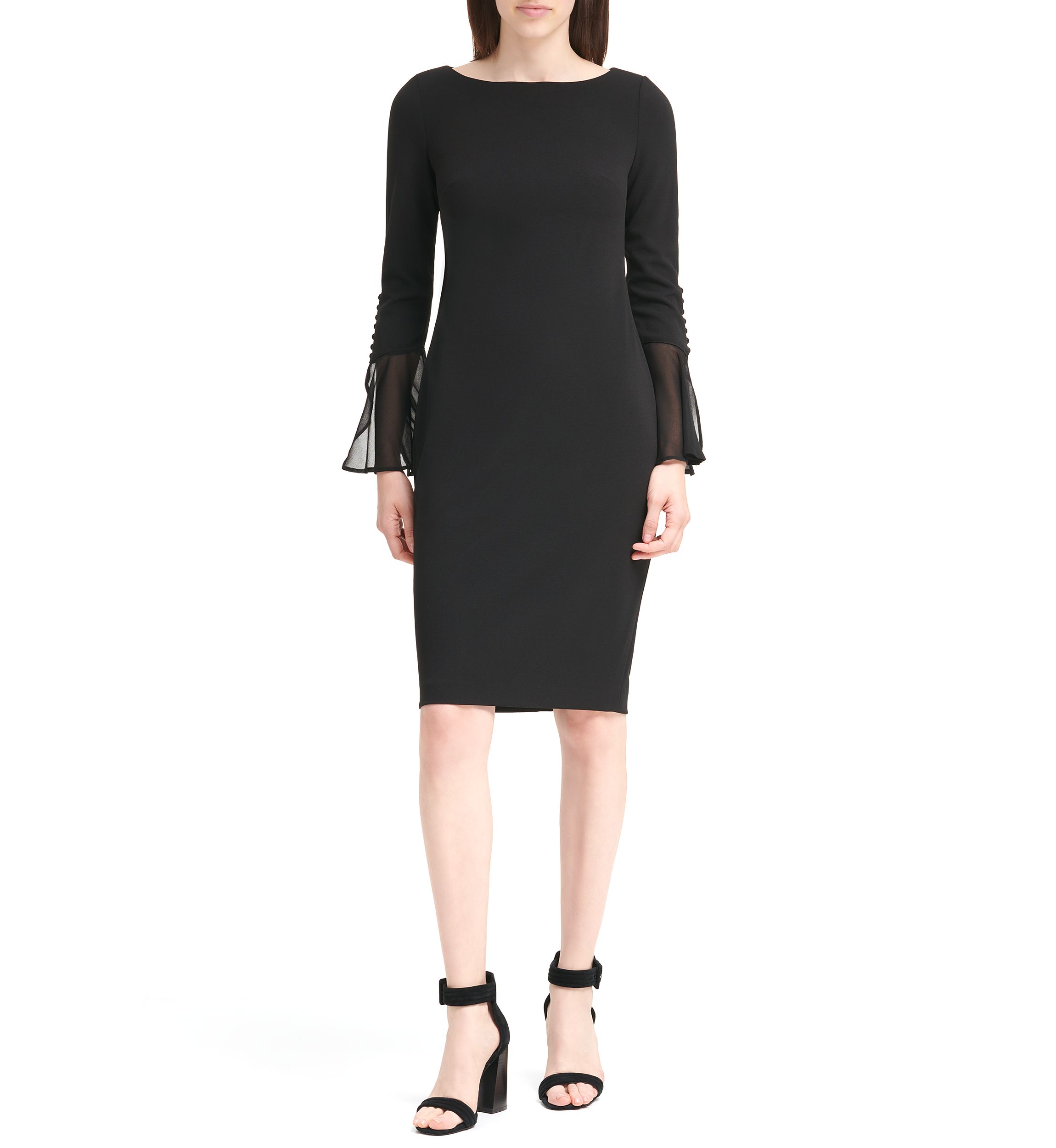 Womens Long Flutter Sleeve Solid Shift Dress