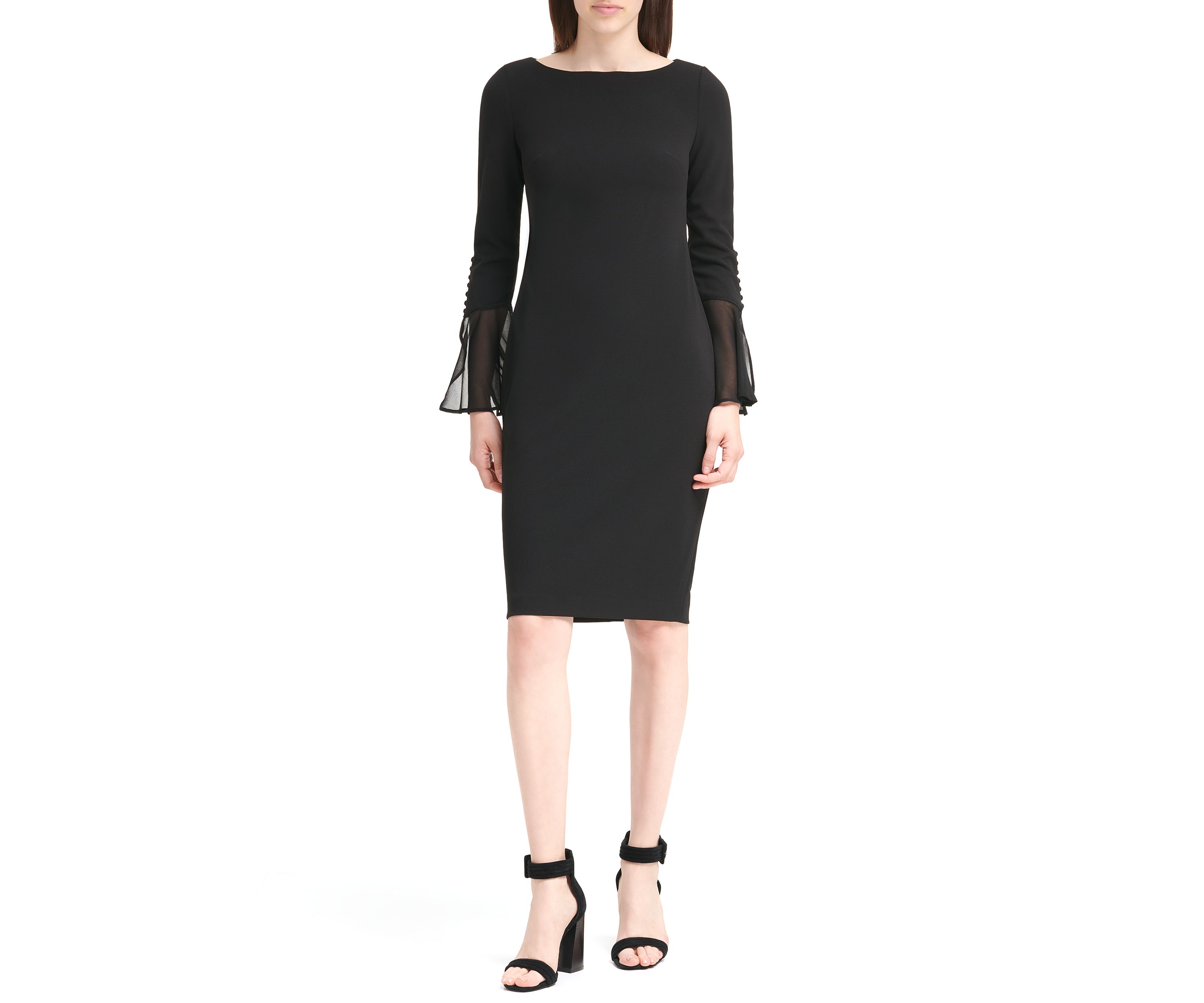 Womens Long Flutter Sleeve Solid Shift Dress