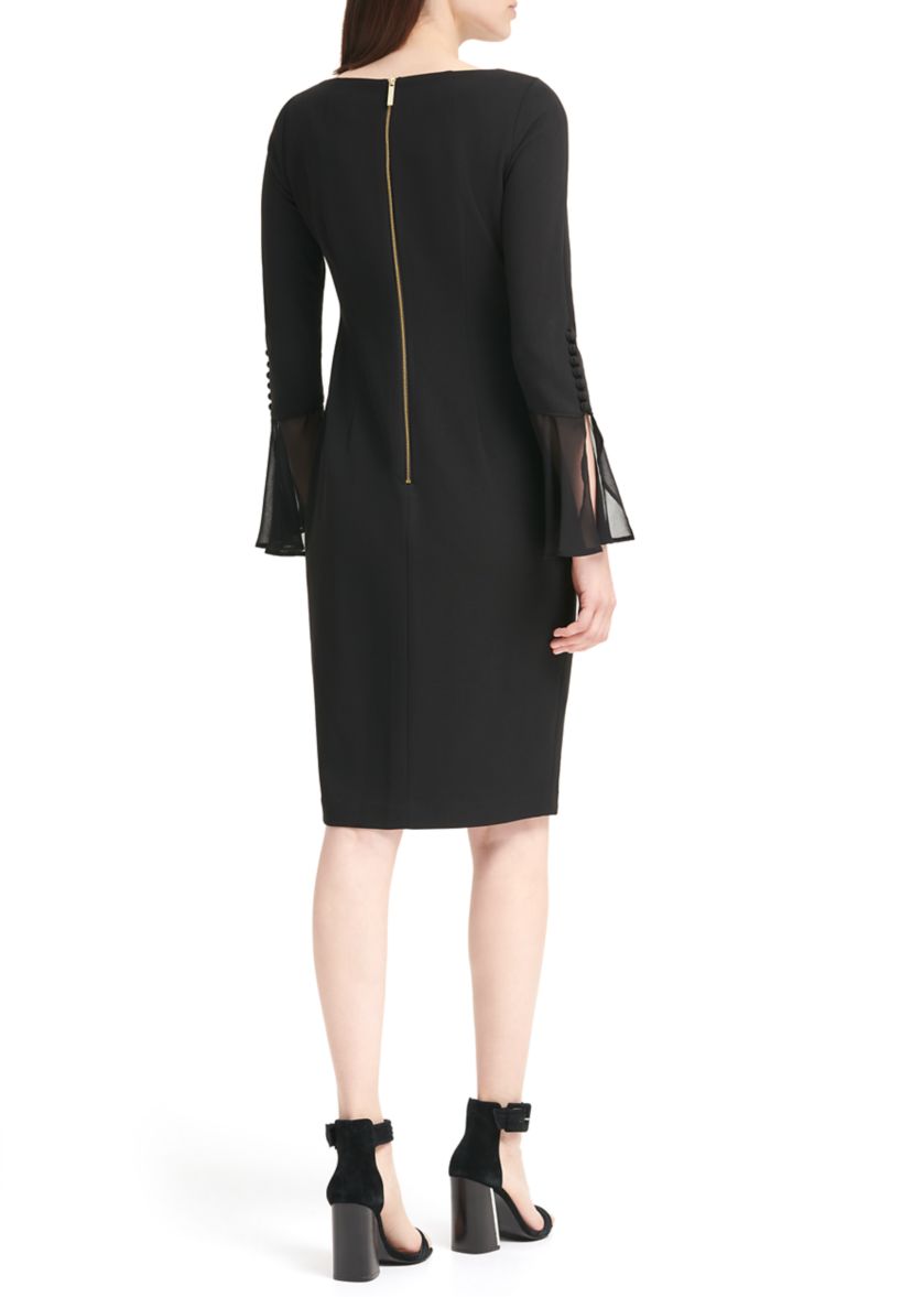 Womens Long Flutter Sleeve Solid Shift Dress
