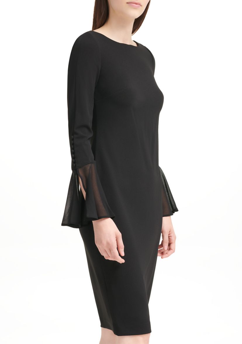 Womens Long Flutter Sleeve Solid Shift Dress