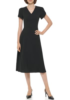 Calvin Klein Women's Short Tulip Sleeve V-Neck Solid Fit and Flare Dress |  belk