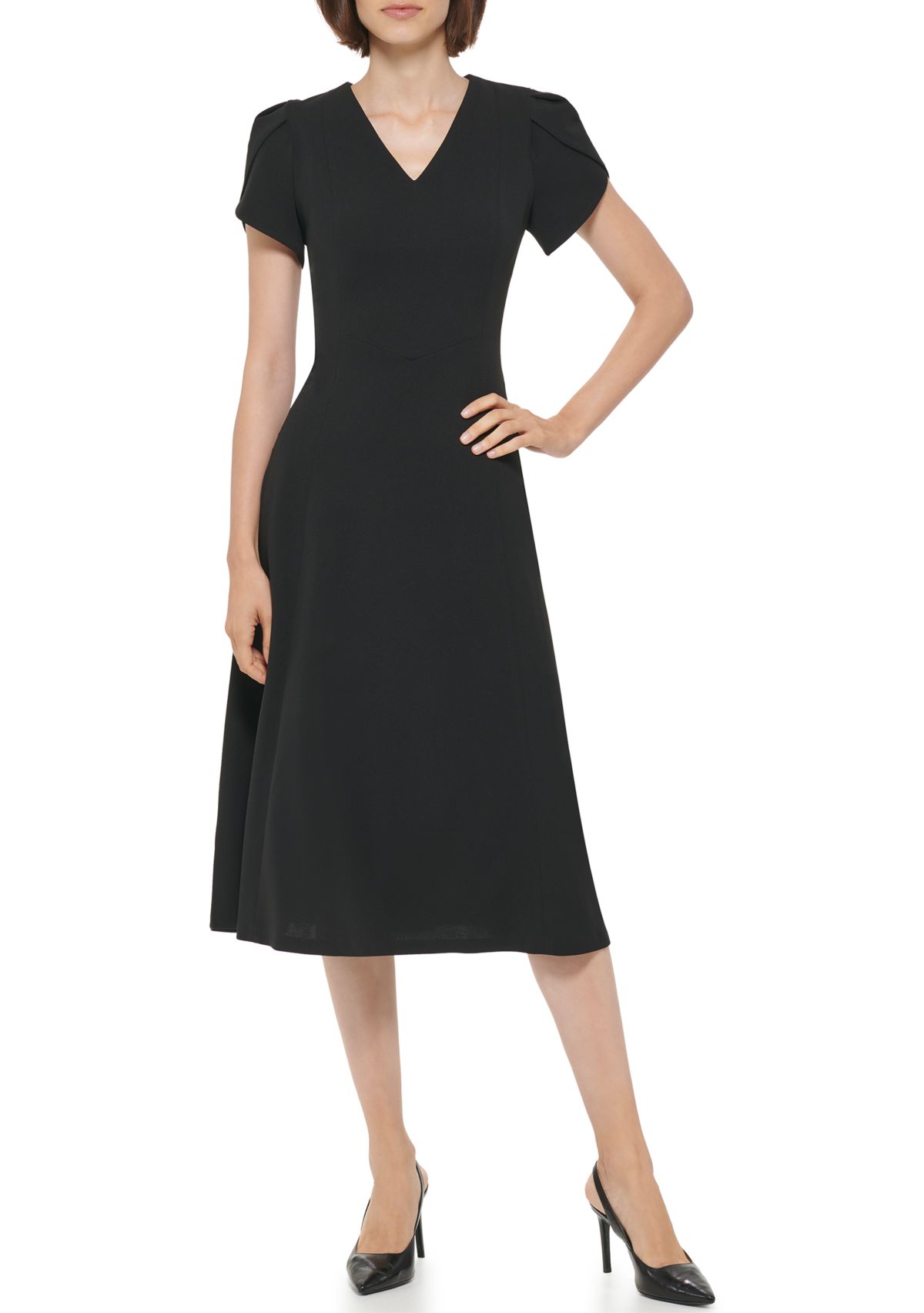 Womens Short Tulip Sleeve V-Neck Solid Fit and Flare Dress
