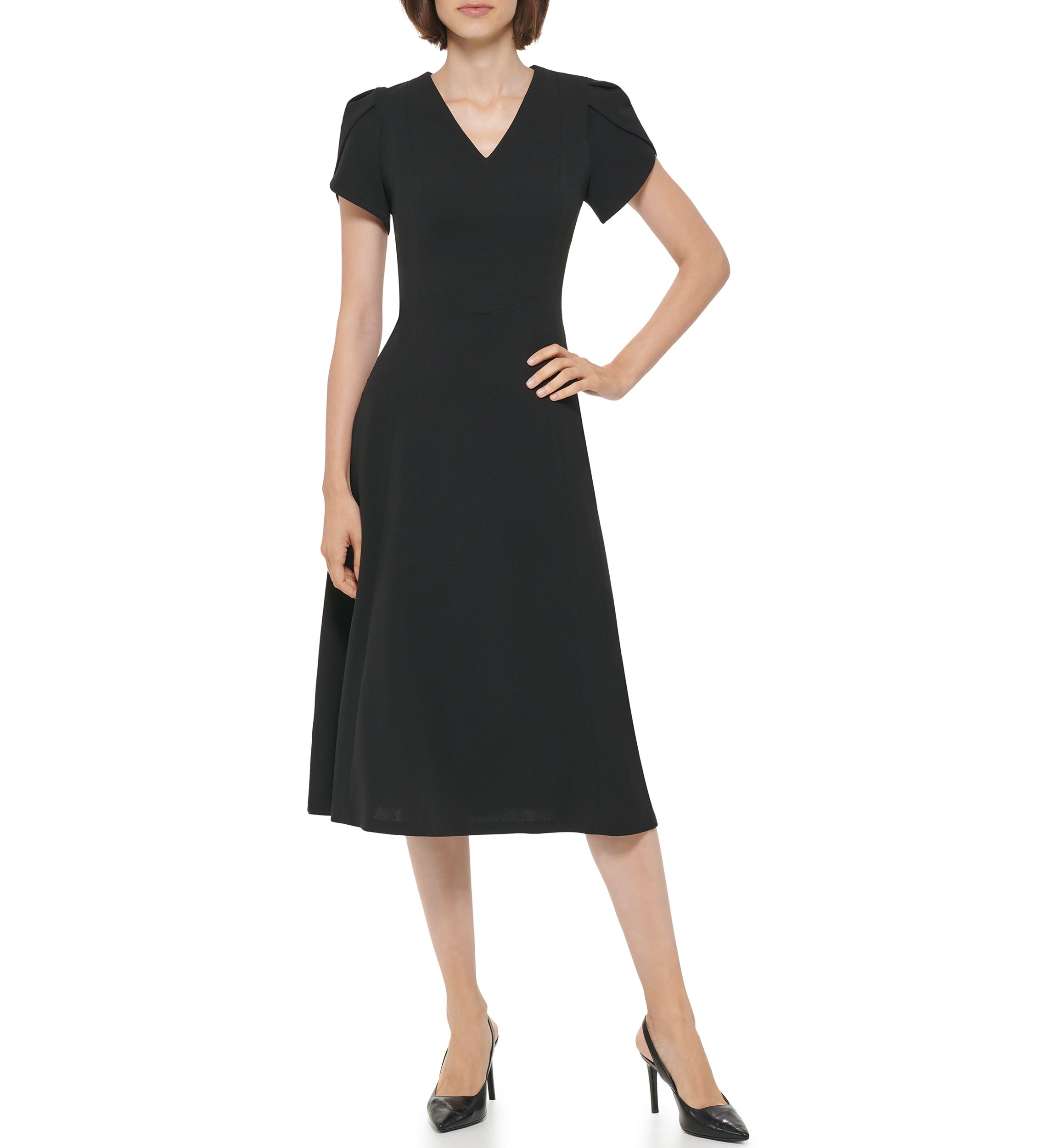 Womens Short Tulip Sleeve V-Neck Solid Fit and Flare Dress