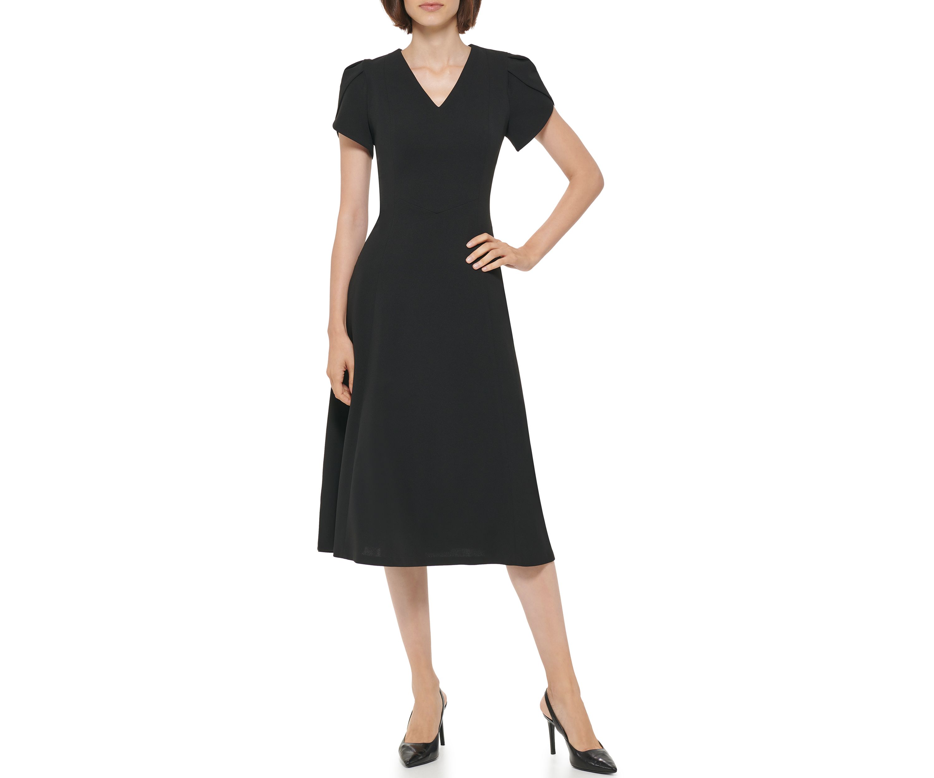 Womens Short Tulip Sleeve V-Neck Solid Fit and Flare Dress