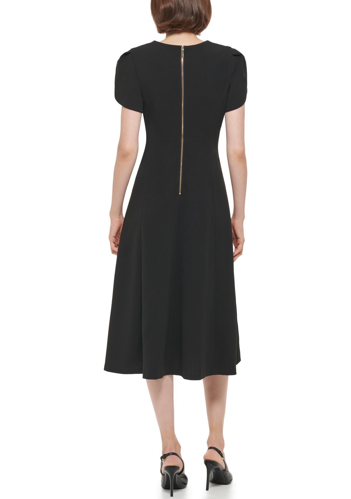 Womens Short Tulip Sleeve V-Neck Solid Fit and Flare Dress