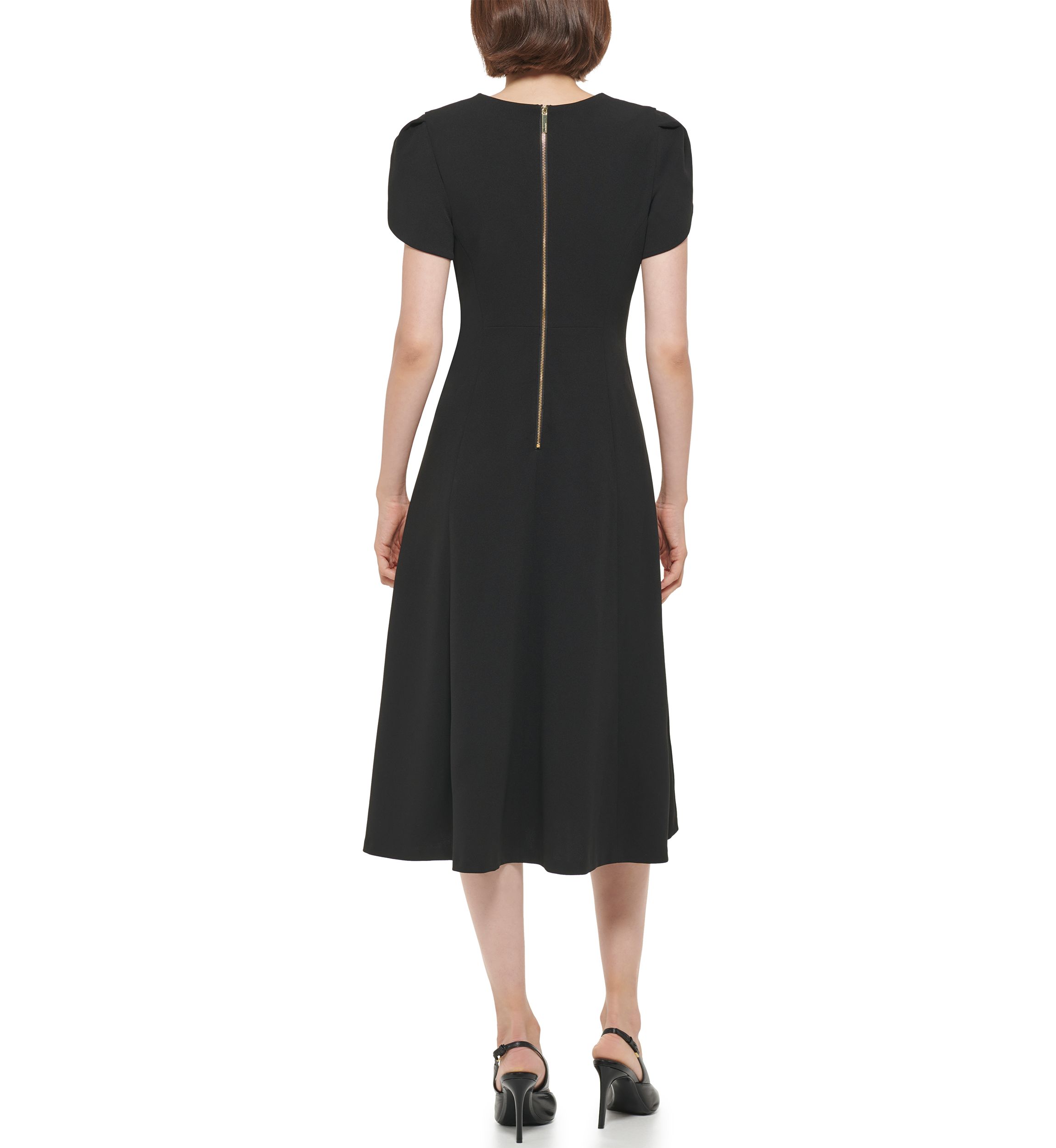 Womens Short Tulip Sleeve V-Neck Solid Fit and Flare Dress