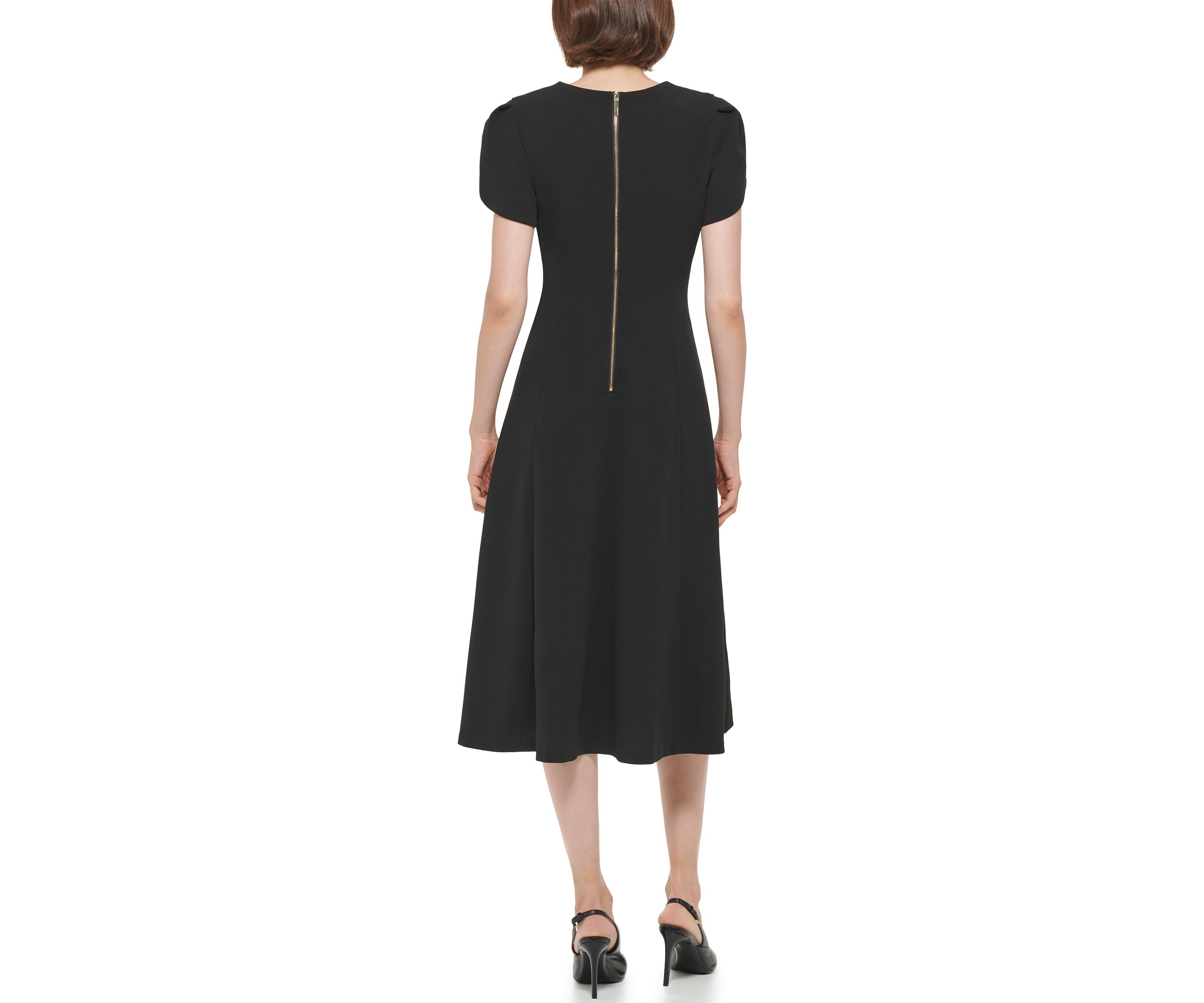 Womens Short Tulip Sleeve V-Neck Solid Fit and Flare Dress