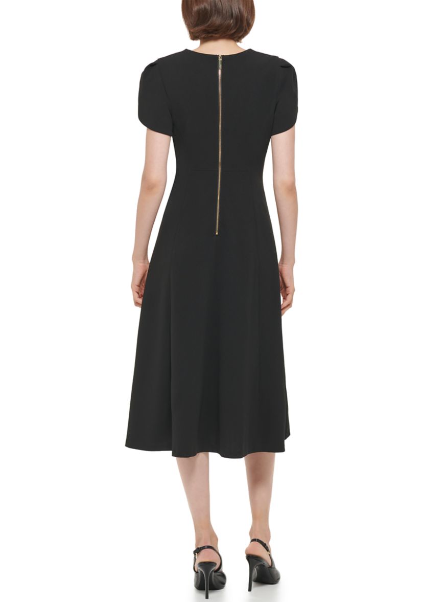 Womens Short Tulip Sleeve V-Neck Solid Fit and Flare Dress