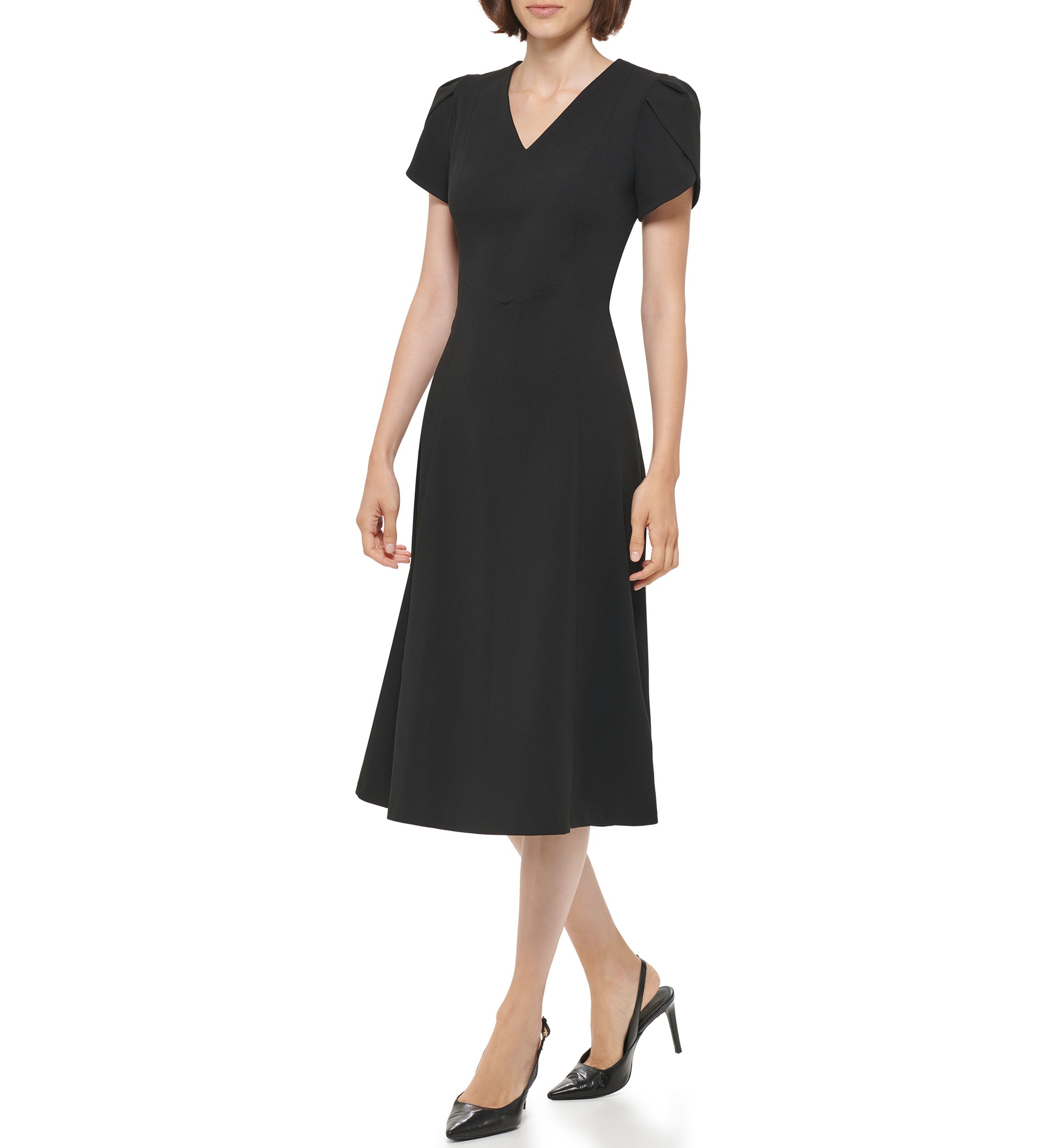 Womens Short Tulip Sleeve V-Neck Solid Fit and Flare Dress