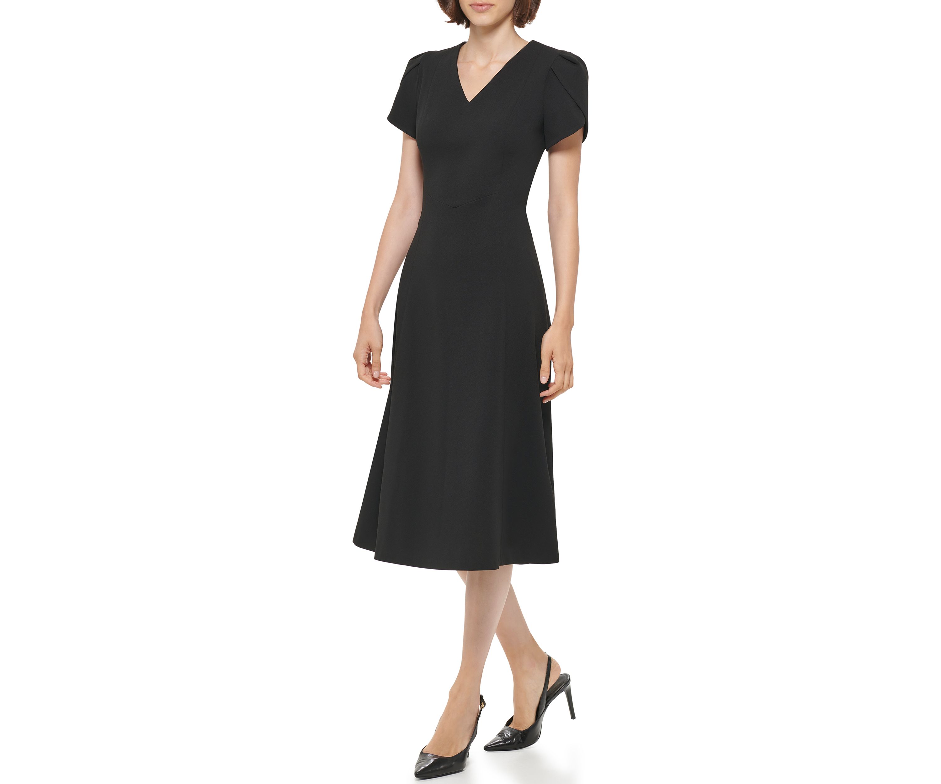 Womens Short Tulip Sleeve V-Neck Solid Fit and Flare Dress
