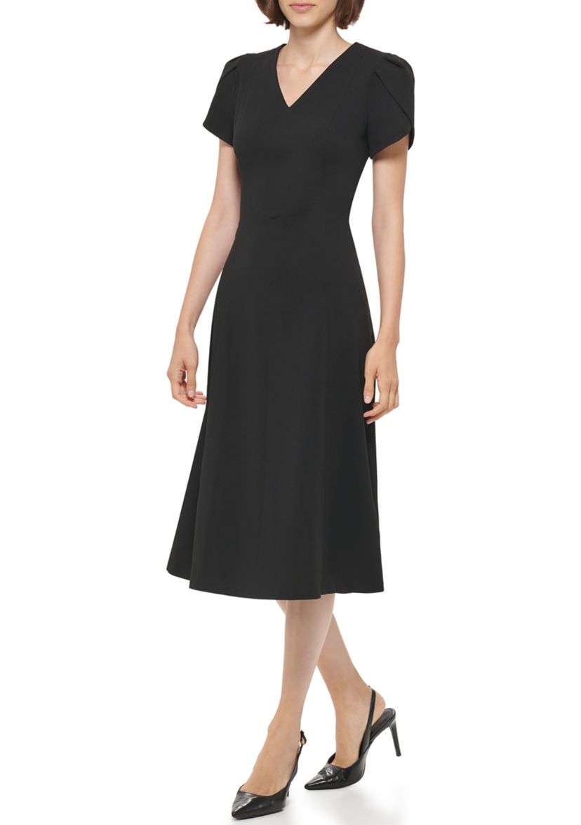 Womens Short Tulip Sleeve V-Neck Solid Fit and Flare Dress