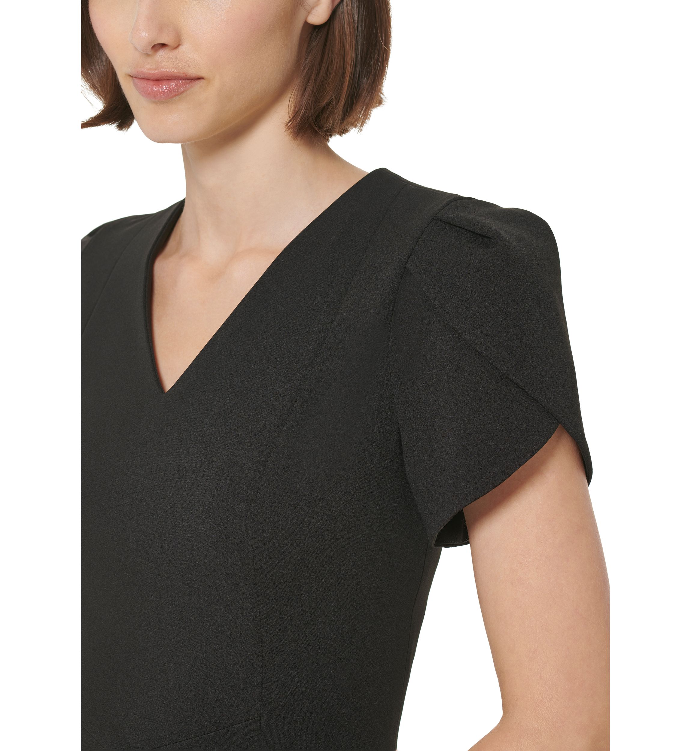Womens Short Tulip Sleeve V-Neck Solid Fit and Flare Dress