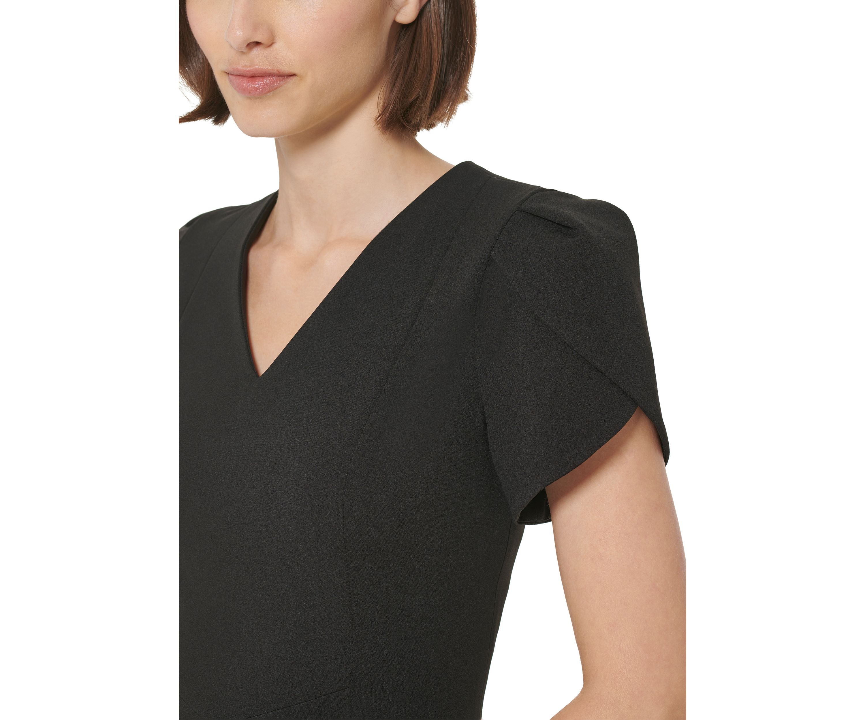 Womens Short Tulip Sleeve V-Neck Solid Fit and Flare Dress
