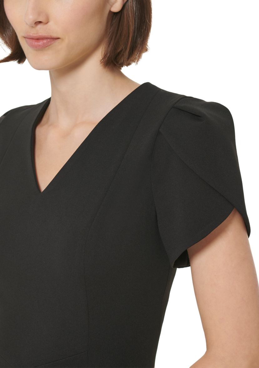 Womens Short Tulip Sleeve V-Neck Solid Fit and Flare Dress
