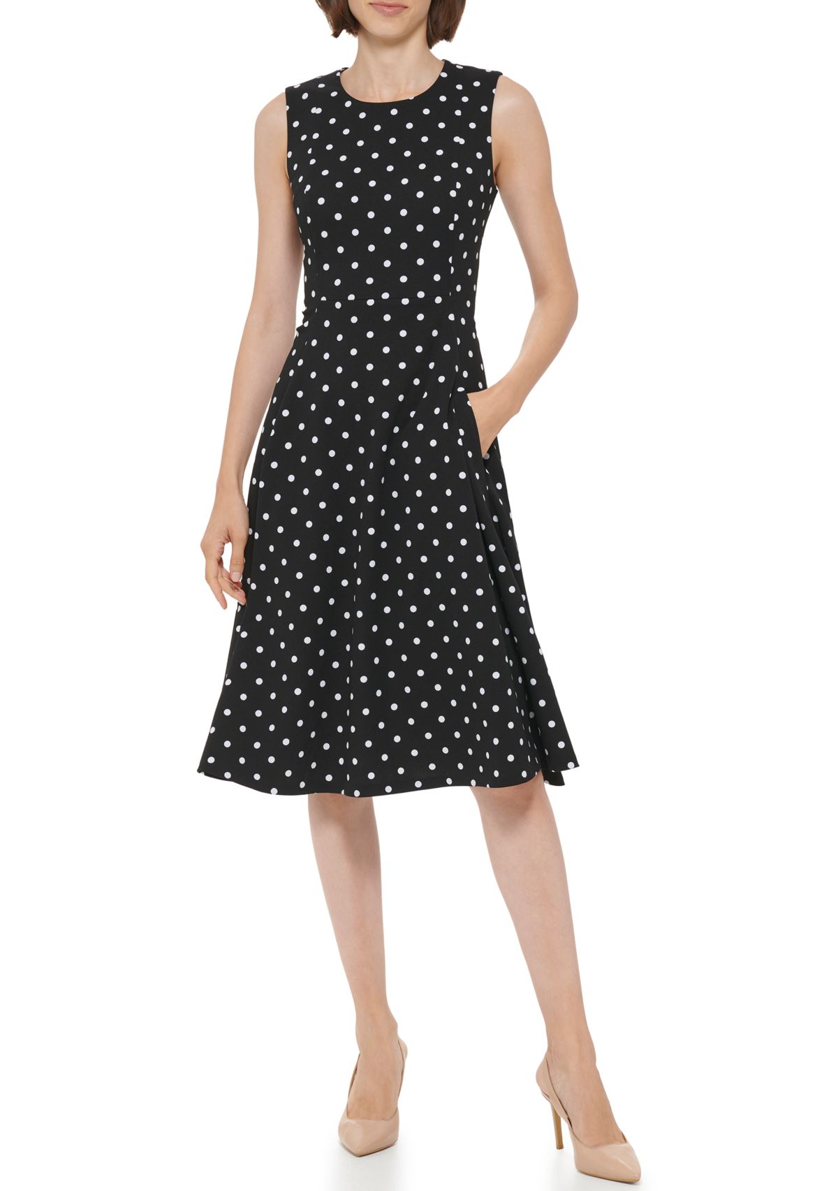 Womens Sleeveless Round Neck Dot Print Fit & Flare Dress