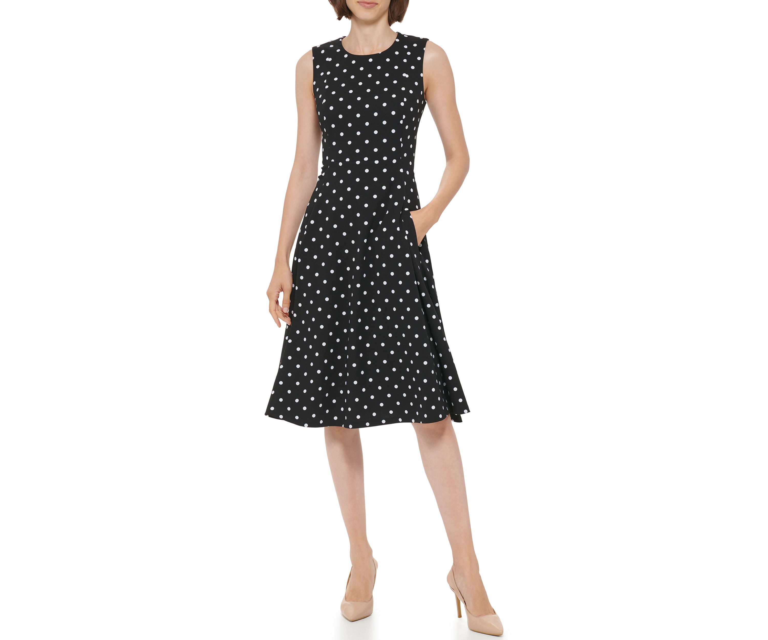 Womens Sleeveless Round Neck Dot Print Fit & Flare Dress