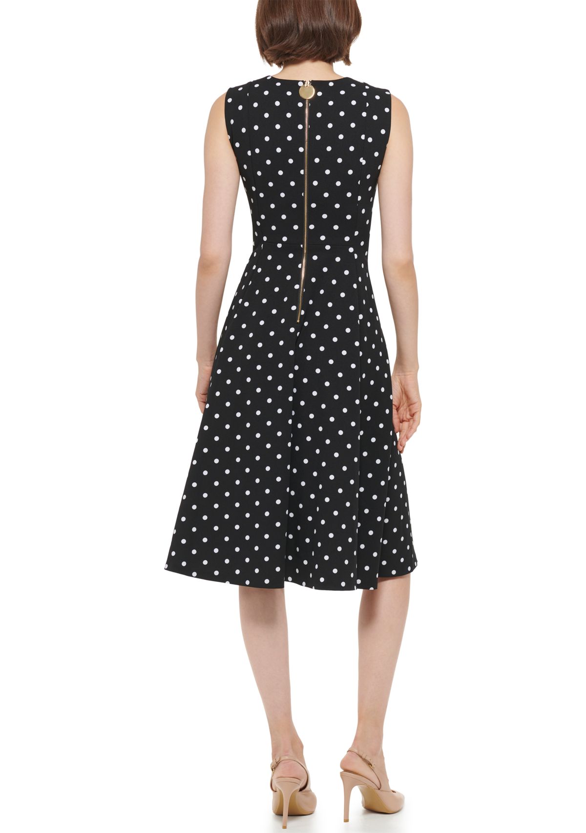 Womens Sleeveless Round Neck Dot Print Fit & Flare Dress