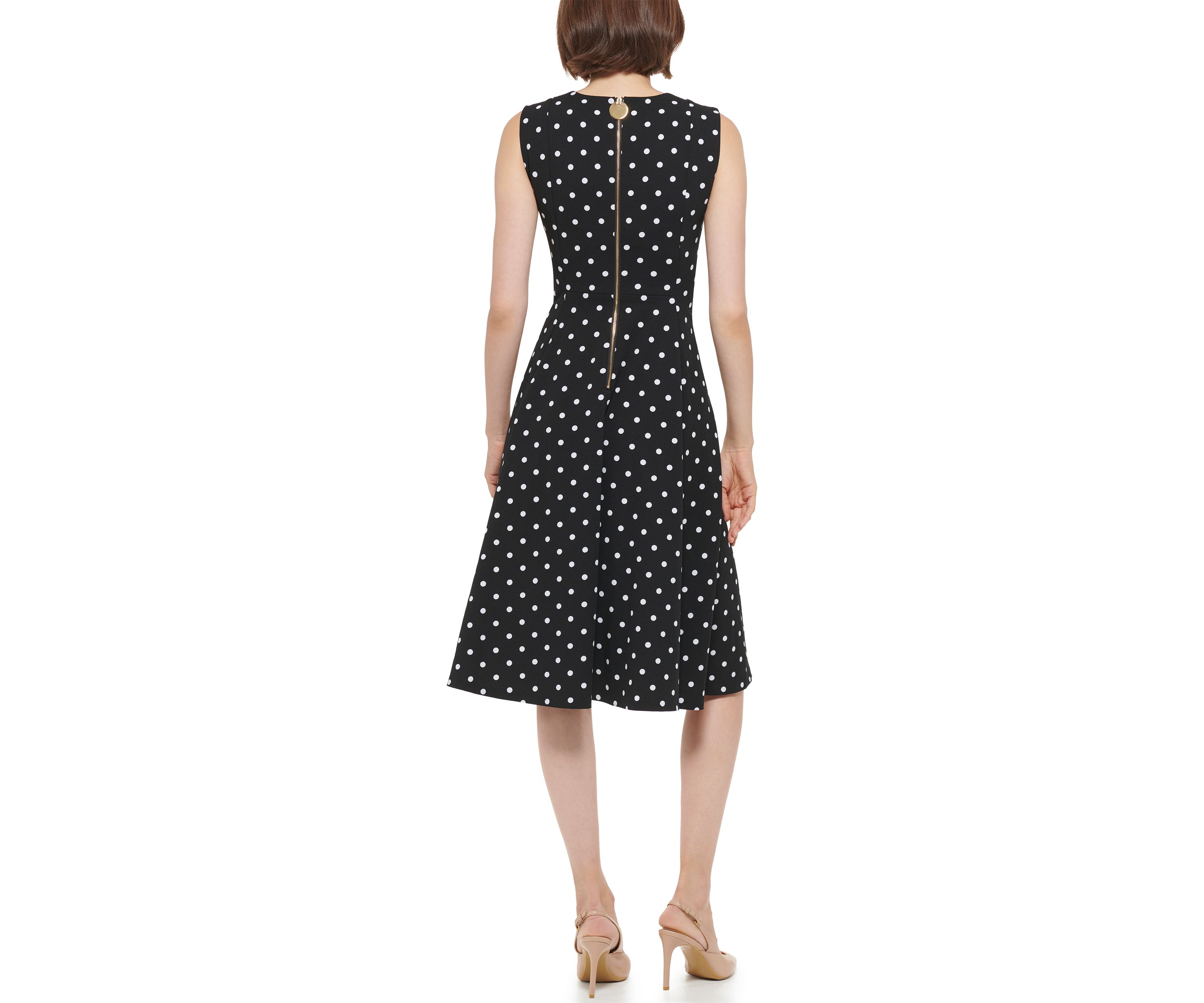 Womens Sleeveless Round Neck Dot Print Fit & Flare Dress