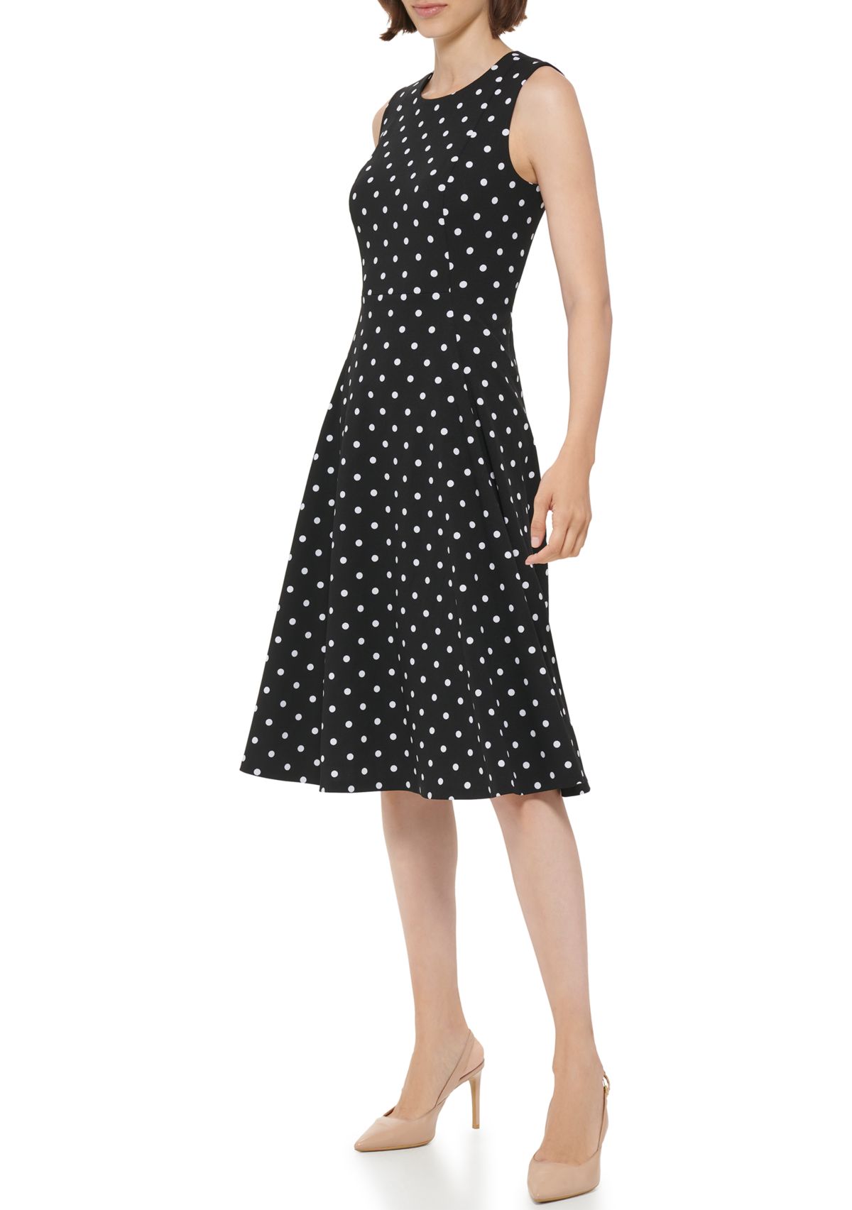 Womens Sleeveless Round Neck Dot Print Fit & Flare Dress