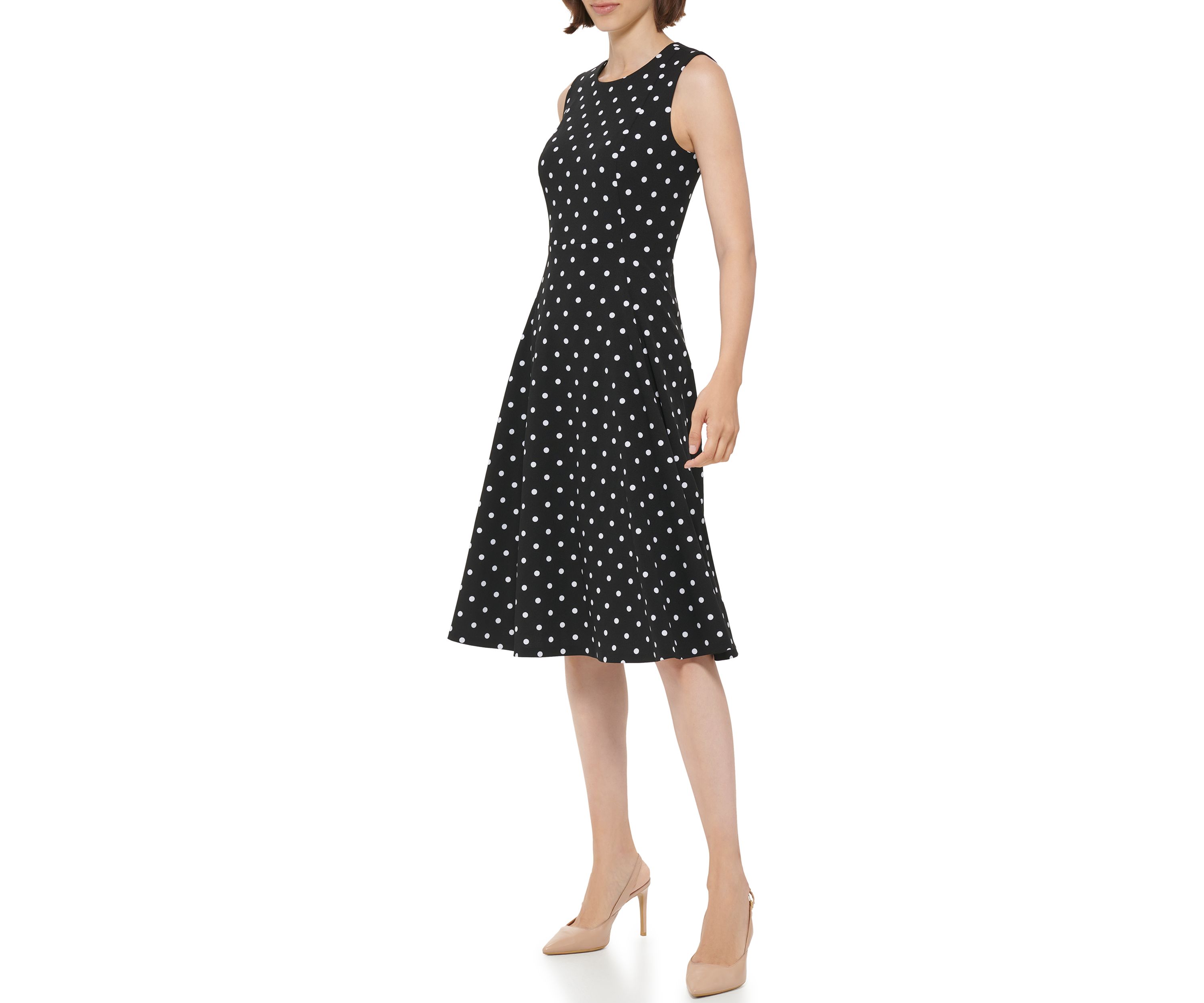 Womens Sleeveless Round Neck Dot Print Fit & Flare Dress